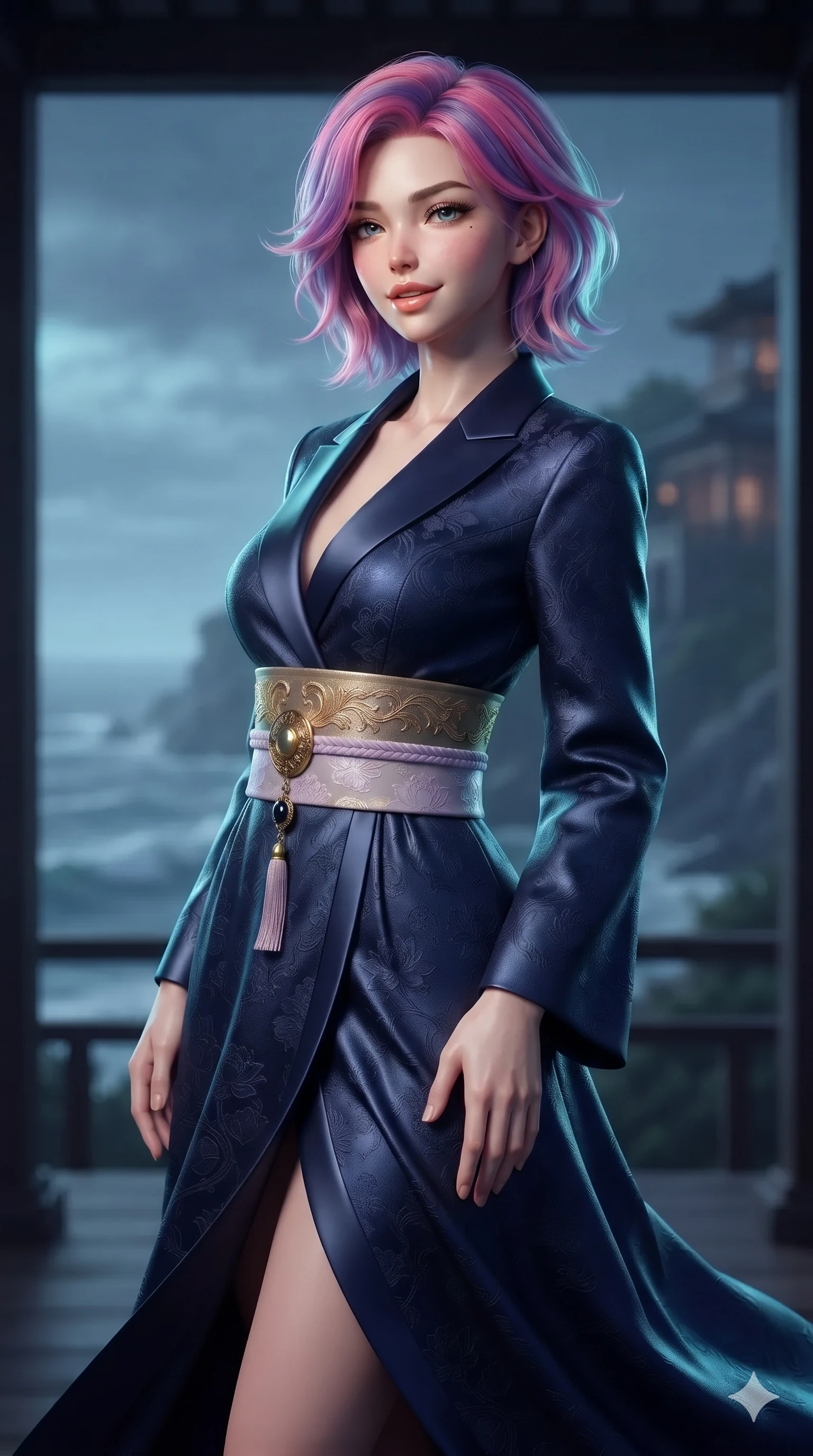 score_9, masterpiece, best quality, ultra-detailed, high-budget anime keyframe, editorial fashion photography, tasteful artistic composition, Caucasian woman. close-up cowboy shot from the waist and thighs up, the character dominates the composition, filling the frame with her large presence. tilting her head with a teasing half-smile, running one hand slowly down the side of her hip in a flirtatious S-curve as ambient light caresses her silhouette while standing at the edge of the open-air cliffside pavilion, arching her spine with dramatic siren poise as sea breezes billow her silk skirt. The background shows a soft-focus windswept coastal pavilion softened in maritime nocturnal shallow focus. She has an exceptionally elegant, slender, and willowy female figure with an ultra-slim waist, flat toned midriff, narrow ribcage, and sculpted feminine hips creating an alluring, slim hourglass silhouette without bulk. sharp v-shaped jawline, high-bridge nose, sparkling eyes with hypnotic seductive depth, thick curled eyelashes, glossy parted lips with a natural dewy peach sheen, alluring bedroom-eyes with an enchanting coquettish smile, exuding magnetic siren charisma and sophisticated glamour, flawlessly proportioned anatomical accuracy, strict slender model proportions, natural body alignment, perfectly sculpted long slender limbs, ultra-slim waistline, clean dynamic posture without body distortion. wearing a structured midnight blue silk after-hours durumagi long robe dress with satin lapels and a gold-embroidered obi sash in vintage bronze patina and pale wisteria lilac, tailored from rich silk jacquard with subtle embossed lotus blossom patterns, accented with an authentic engraved gold medallion and obsidian cabochons, the impeccably tailored cut draping gracefully along her slender figure with aristocratic eastern poise. illuminated by ocean surf seafoam bounce and sharp cyan-platinum rim lights sculpting her razor-sharp jawline, narrow waist, and curvy hips. ultra-reflective glossy finish, specular highlights, rich textural contrasts, high-contrast stereoscopic depth, volumetric dynamic lighting, 2k, ultra detail, master piece, 9:16 ratio