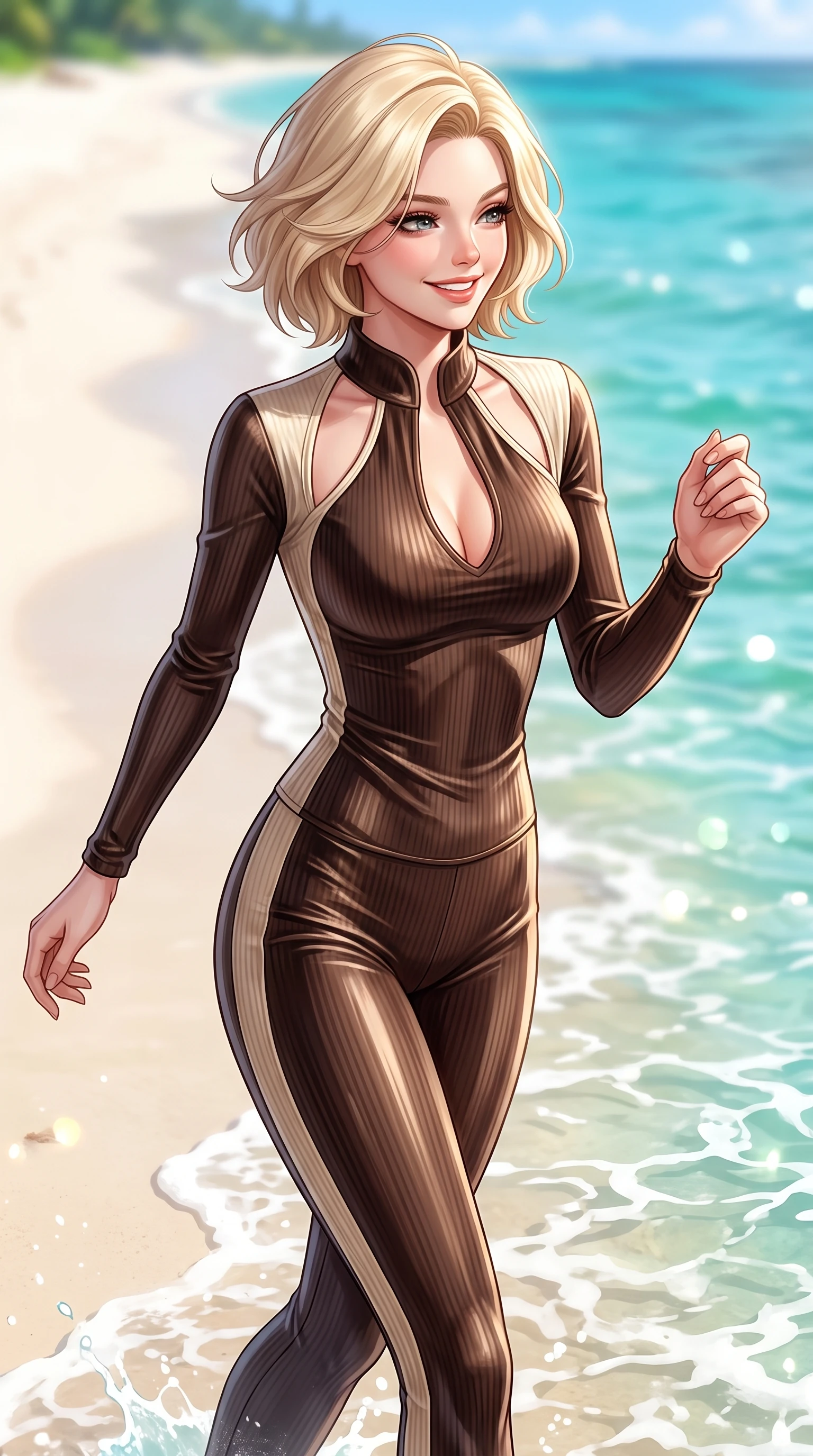score_9, masterpiece, best quality, ultra-detailed, high-budget anime keyframe, editorial fashion photography, tasteful artistic composition, Caucasian woman. close-up cowboy shot from the waist and thighs up, the character dominates the composition, filling the frame with her large presence, background elements kept in soft focus. Warm delightful smile while casting a playful, joyful side-gaze with heavy lashes and a glowing expression while running playfully along a white sand beach as clear emerald ocean waves lap at her feet, warm tropical sea breeze fluttering lightweight linen garments in fluid joyful motions. She has an exceptionally elegant, slender, and willowy female figure with an ultra-slim waist, a gracefully sculpted slender torso, and a refined silhouette. sharp v-shaped jawline, high-bridge nose, intricate jewel-like eyes with depth, thick eyelashes, glossy lips with a natural sheen, flawlessly proportioned anatomical accuracy, natural body alignment, perfectly sculpted elegant limbs, clean dynamic posture without body distortion. wearing a form-fitting ribbed activewear set with elegant collar cutouts in espresso brown and warm cream, made of premium stretch velvet with a rich sheen, accented with a Tasteful chest slit framing her clavicle gracefully, the elegant draped fit framing her graceful clavicle and slender torso. surrounded by a bright, pristine beach ambiance with cheerful specular highlights. highly saturated vibrant anime colors, detailed shading with soft gradients, rich glossy textures, high-contrast stereoscopic depth, volumetric dynamic lighting, master piece, 9:16 ratio