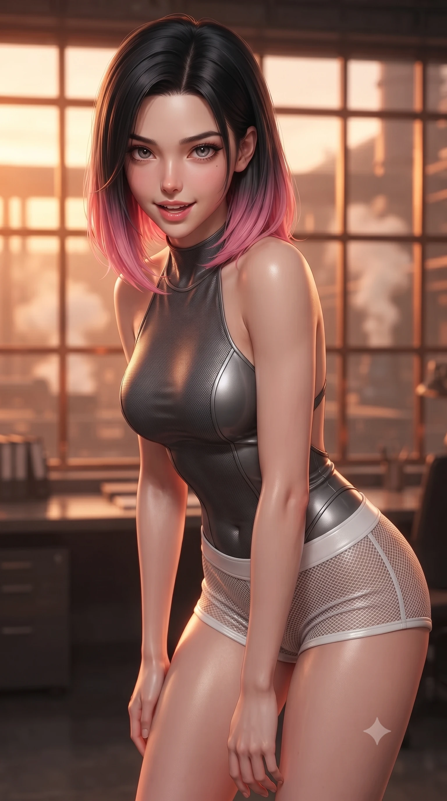 score_9, masterpiece, best quality, ultra-detailed, high-budget anime keyframe, editorial fashion photography, tasteful artistic composition, Korean woman. close-up cowboy shot from the waist and thighs up, the character dominates the composition, filling the frame with her large presence, background elements kept in soft focus. leaning slightly forward with a playful, teasing smile, her gaze locked onto the viewer with lips parted in a composed pose, the background shows a soft-focus a private office cabin in a foundry with glass windows showing steam vents. She has an exceptionally elegant, slender, and willowy female figure with an ultra-slim waist, a gracefully sculpted slender torso, and a refined silhouette. sharp v-shaped jawline, high-bridge nose, intricate jewel-like eyes with depth, thick eyelashes, glossy lips with a natural sheen. wearing a form-contouring backless combat halter top in charcoal grey, paired with white carbon-mesh micro-shorts. warm sunset light filtering through copper window grids, painting the room in orange. ultra-reflective glossy finish, specular highlights, metallic sheen, high-contrast stereoscopic depth, volumetric dynamic lighting, 2k, ultra detail, master piece, 9:16 ratio