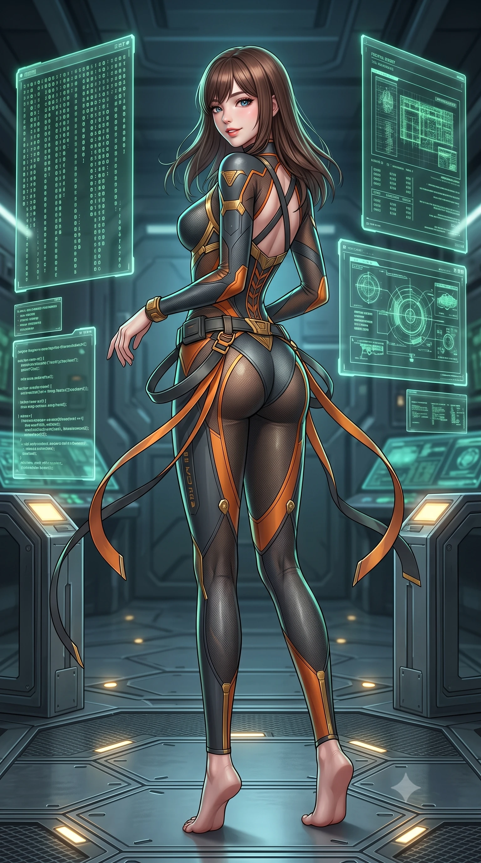 score_9, masterpiece, best quality, ultra-detailed, high-budget anime keyframe, semi-realistic 3D game render, editorial fashion photography, tasteful artistic composition, Korean woman. low angle full-body shot from head to toe showing her feet, filling the entire 9:16 vertical frame with her statuesque presence, stretching her vertical silhouette. executing a cheerful mid-motion pivot turn as her tactical belt and ribbons flutter around her slender legs, glancing over her shoulder with an intoxicating, teasing bedroom-gaze while standing in a tall commanding posture before towering glowing tactical holoscreens, arching her back with sovereign poise as green code streams cascade. The surrounding environment is rendered in vivid detail and crisp panoramic clarity: detailed cyber suit texture, illuminated screen reflections on skin, and subterranean military bunker architecture in high resolution. She has an absolutely perfect, statuesque 8.5-heads proportion, an exceptionally tall and slender model-like female figure with impossibly long slender legs, an ultra-slim waist, a flat toned midriff, narrow delicate ribcage, and beautifully sculpted feminine hips creating a graceful, slim hourglass silhouette without any bulky heaviness. sharp v-shaped jawline, high-bridge nose, intricate jewel-like sparkling eyes with depth, thick eyelashes, glossy parted lips with a natural sheen, bright confident smile with an enchanting and coquettish sensual glint, exuding both youthful magnetic charm and sovereign high-tech allure, flawlessly proportioned anatomical accuracy, strict slender model proportions, natural body alignment, perfectly sculpted long slender limbs, ultra-slim waistline, clean dynamic posture without body distortion. wearing a form-fitting white-and-gold zero-gravity EVA jumpsuit with an ultra-slim corseted waist and exposed clavicle line in stealth charcoal slate and molten laser orange, crafted from sheer technical cyber-lace reinforced with ultra-thin Kevlar threads, finished with criss-cross Kevlar tactical straps tracing her graceful shoulder blades, the liquid-tight tailored fabric clinging flawlessly to her narrow waist and rounded feminine hips, emphasizing every millimeter of her sculpted slim hourglass curves without any bulky heaviness. illuminated by glowing console underlights and crisp emerald rim lighting sharply carving her razor-sharp jawline, narrow waist, and curvy hips. highly saturated vibrant anime colors, detailed shading with soft gradients, rich glossy textures, high-contrast stereoscopic depth, volumetric dynamic lighting, master piece, 9:16 ratio