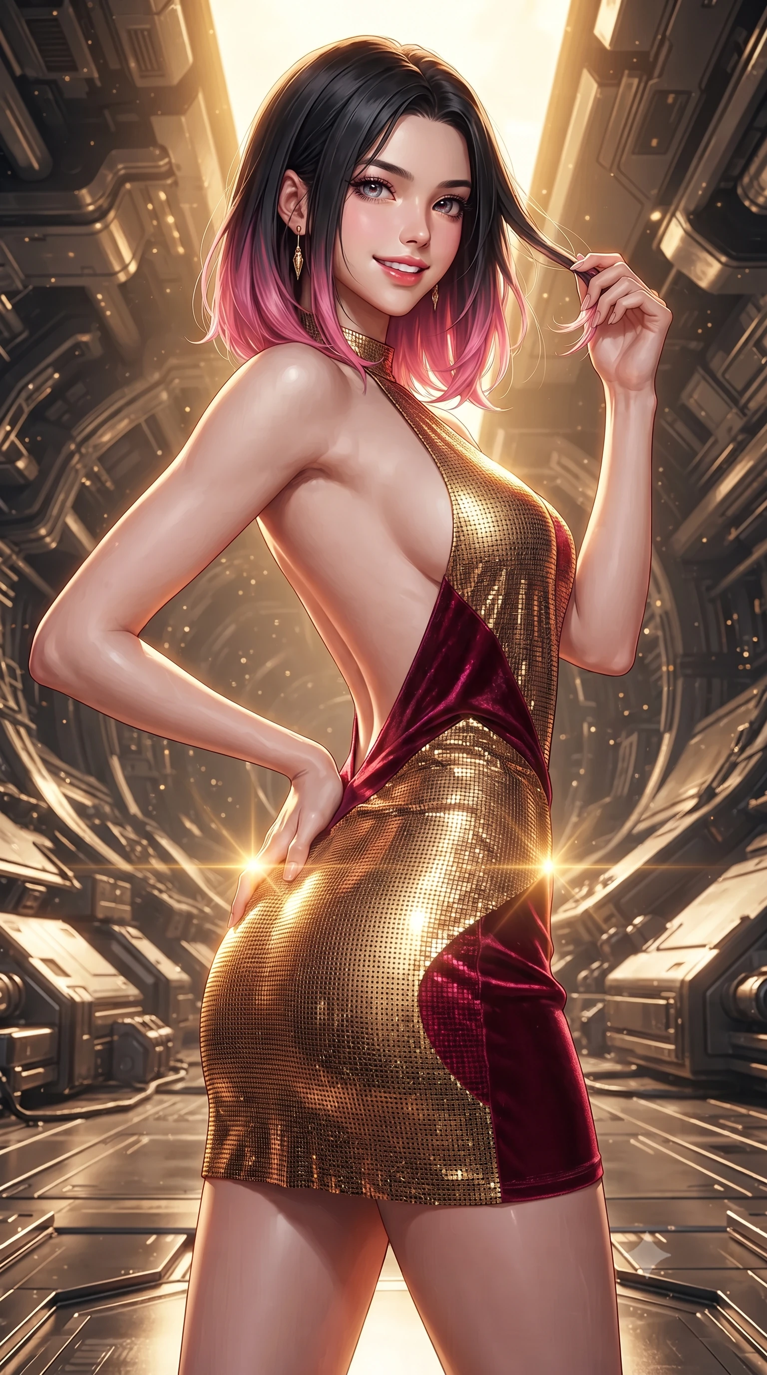 score_9, masterpiece, best quality, ultra-detailed, high-budget anime keyframe, editorial fashion photography, tasteful artistic composition, Korean woman. close-up cowboy shot from the waist and thighs up, the character dominates the composition, filling the frame with her large presence. twisting her slender torso in an alluring contrapposto stance, one hand resting on her sculpted hip while her fingers toy with her hair with effortless poise while twisting her slender torso in an alluring contrapposto stance, blinding solar flare coronas casting golden brilliance across her narrow waist and curvy hips. The surrounding environment is rendered in vivid detail and crisp panoramic clarity: detailed haute-couture texture, sleek metallic sheen, and colossal deep-space engineering in razor-sharp precision. She has an exceptionally elegant, slender, and willowy female figure with an ultra-slim waist, flat toned midriff, narrow ribcage, and sculpted feminine hips creating an alluring, slim hourglass silhouette without bulk. sharp v-shaped jawline, high-bridge nose, intricate jewel-like sparkling eyes with depth, thick eyelashes, glossy parted lips with a natural peach sheen, bright cheerful beaming smile with an enchanting and coquettish sensual glint, exuding both youthful cute charm and seductive allure, flawlessly proportioned anatomical accuracy, strict slender model proportions, natural body alignment, perfectly sculpted long slender limbs, ultra-slim waistline, clean dynamic posture without body distortion. wearing an alluring backless metallic lamé halterneck mini dress with deep scoop back down to her lower spine in Cyber-Baroque gilded gold and royal crimson velvet, crafted from stretch micro-mesh with liquid foil coating that shimmers with every movement, finished with sleek magnetic buckle closures fluttering in the breeze, the bespoke structured tailoring following the natural line of her 8.5-heads silhouette with refined elegance. bathed in the blinding warm golden 4000K solar radiance filtered through polarizing quantum smart-glass. ultra-reflective glossy finish, specular highlights, rich textural contrasts, high-contrast stereoscopic depth, volumetric dynamic lighting, 2k, ultra detail, master piece, 9:16 ratio