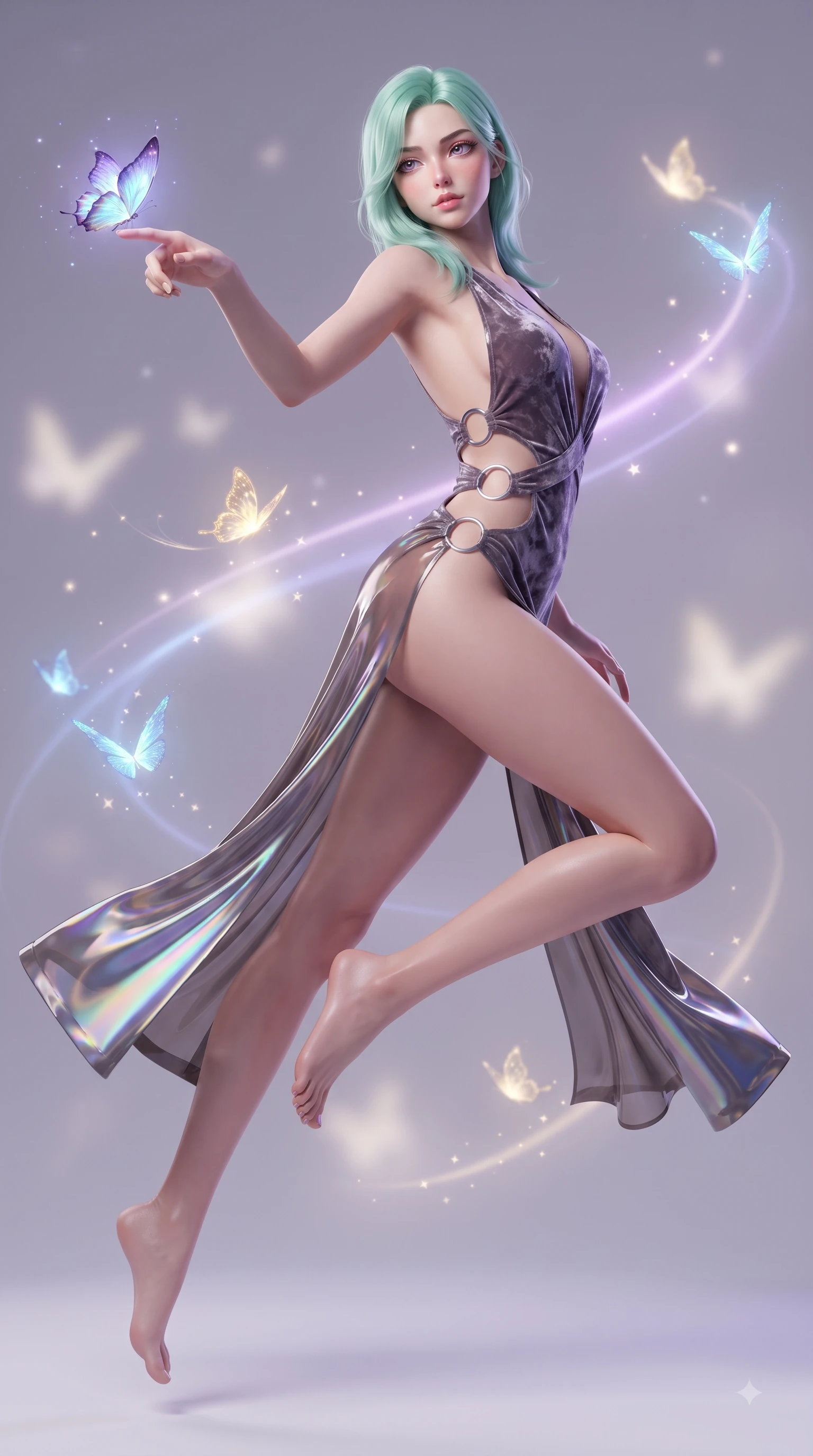 score_9, masterpiece, best quality, ultra-detailed, high-budget anime keyframe, editorial fashion photography, tasteful artistic composition, Japanese woman. low angle full-body shot from head to toe showing her feet, filling the entire 9:16 vertical frame with her statuesque presence, stretching her vertical silhouette. leaping through mid-air with an athletic yet alluring arch of her spine, her impossibly long slender legs stretched in flawless poise while reaching one arm out to let a bioluminescent digital butterfly land on her finger with a captivating gaze. The composition keeps background elements in soft focus with creamy bokeh. glowing butterfly flight paths creating soft luminous light trails across the backdrop. She has an absolutely perfect, statuesque 8.5-heads proportion, an exceptionally tall and slender model-like female figure with impossibly long slender legs and an ultra-slim waist. sharp v-shaped jawline, high-bridge nose, intricate jewel-like eyes with depth, thick eyelashes, glossy lips with a natural sheen, flawlessly proportioned anatomical accuracy, natural body alignment, perfectly sculpted elegant limbs, clean dynamic posture without body distortion. wearing a backless crushed velvet gown with a deep V-neckline, strategic hip cutouts, and an ultra-high thigh slit in translucent smoky quartz and iridescent holographic sheen, formed from high-gloss patent material with specular light reflections, detailed with polished silver rings connecting the daring side-waist cutouts, the form-contouring second-skin material highlighting her ultra-slim waist and long lines. bathed in brilliant purple starlight and brilliant blue and gold light from the butterflies. ultra-reflective glossy finish, specular highlights, metallic sheen, high-contrast stereoscopic depth, volumetric dynamic lighting, 2k, ultra detail, master piece, 9:16 ratio