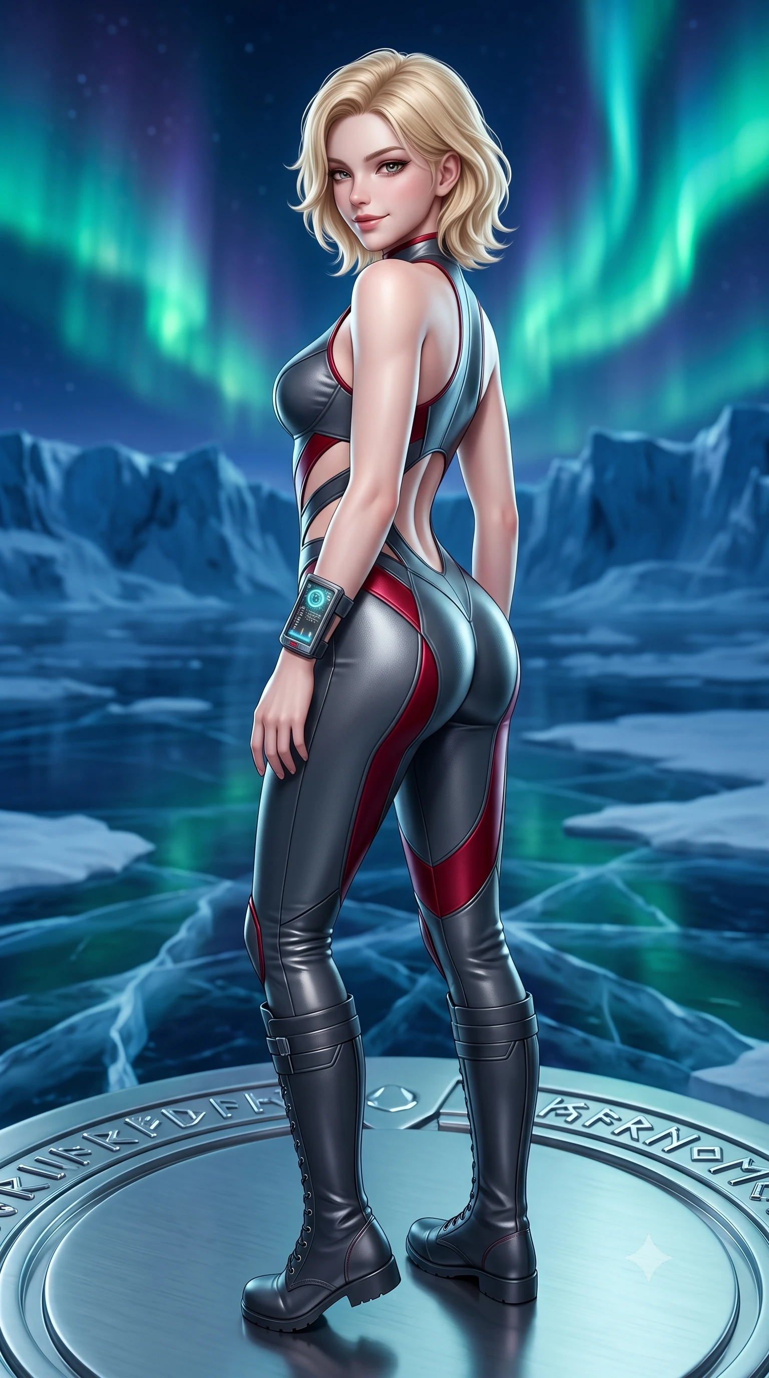 score_9, masterpiece, best quality, ultra-detailed, high-budget anime keyframe, semi-realistic 3D game render, editorial fashion photography, tasteful artistic composition, Caucasian woman. close-up cowboy shot from the waist and thighs up, the character dominates the composition, filling the frame with her large presence. turning over a bare shoulder with an intoxicating, teasing smile, her soft hair framing her sharp jawline as her hips angle gracefully while standing poised on a polished titanium altar overlooking midnight glaciers, twisting her torso to look back with fierce, intoxicating allure as auroras dance overhead. The surrounding environment is rendered in vivid detail and crisp panoramic clarity. sharp chrome runestone carvings, glacier ice fissure clarity, and titanium armor panel seams in deep focus. She has an exceptionally elegant, slender, and willowy female figure with an ultra-slim waist, a gracefully sculpted slender torso, toned flat midriff, and rounded feminine hips creating an alluring hourglass silhouette. sharp v-shaped jawline, high-bridge nose, intricate jewel-like eyes with depth, thick eyelashes, glossy parted lips with a natural sheen, intensely captivating and seductive bedroom-eyes expression, flawlessly proportioned anatomical accuracy, strict slender model proportions, natural body alignment, perfectly sculpted long slender limbs, ultra-slim waistline, clean dynamic posture without body distortion. wearing a stealth ballistic leather bodysuit with diagonal midriff cutouts and knee-high combat boots in titanium gunmetal and blood-crimson accents, tailored from second-skin aerodynamic stretch vinyl with specular sheen, equipped with a wrist-mounted miniature holographic display terminal, the form-contouring material adhering flawlessly to her sculpted flat midriff and slender torso, emphasizing her long leg lines and perfectly proportioned willowy build. illuminated by crisp metallic specular reflections sharply defining her sculpted waist, bare spine, and curvy hips. highly saturated vibrant anime colors, detailed shading with soft gradients, rich glossy textures, high-contrast stereoscopic depth, volumetric dynamic lighting, master piece, 9:16 ratio