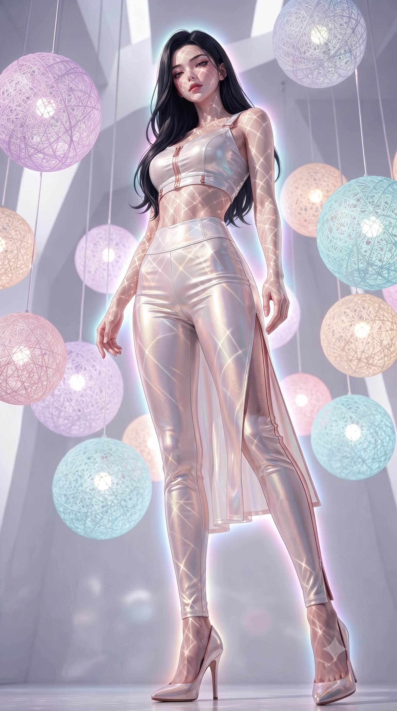 score_9, masterpiece, best quality, ultra-detailed, high-budget anime keyframe, editorial fashion photography, tasteful artistic composition, Korean woman. low angle full-body shot from head to toe showing her feet, filling the entire 9:16 vertical frame with her statuesque presence, stretching her vertical silhouette. navigating the luminous space with effortless poise, displaying her perfect model proportions resting amidst suspended illuminated yarn spheres glowing with pastel tones, intricate geometric lattice patterns of light projected onto her skin. She has an absolutely perfect, statuesque 8.5-heads proportion, an exceptionally tall and slender model-like female figure with impossibly long slender legs and an ultra-slim waist. sharp v-shaped jawline, high-bridge nose, intricate jewel-like eyes with depth, thick eyelashes, glossy lips with a natural sheen. wearing a glossy vinyl crop top and high-waist tailored leggings with sleek zippers in pearl white and rose gold, crafted from iridescent chiffon that shifts colors in the light, finished with a sleek side slit ascending to mid-thigh, the sleek second-skin texture accentuating her magnetic presence. surrounded by a vibrant fluorescent aura with bright rim highlights. ultra-reflective glossy finish, specular highlights, metallic sheen, high-contrast stereoscopic depth, volumetric dynamic lighting, 2k, ultra detail, master piece, 9:16 ratio