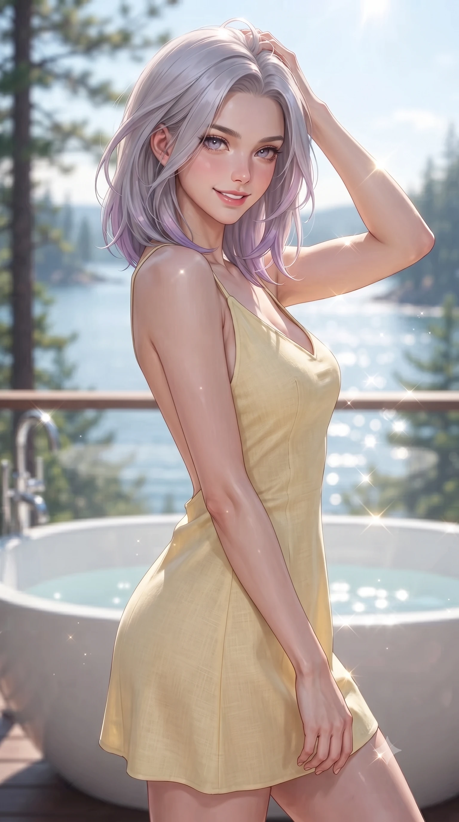 score_9, masterpiece, best quality, ultra-detailed, high-budget anime keyframe, editorial fashion photography, tasteful artistic composition, Caucasian woman. close-up cowboy shot from the waist and thighs up, the character dominates the composition, filling the frame with her large presence, background elements kept in soft focus. smiling with quiet, magnetic self-assurance directly into the camera, running a hand through her hair the background shows a soft-focus a luxury bath tub on a private deck overlooking a quiet bay in a pine forest. She has an exceptionally elegant, slender, and willowy female figure with an ultra-slim waist, a gracefully sculpted slender torso, and a refined silhouette. sharp v-shaped jawline, high-bridge nose, intricate jewel-like eyes with depth, thick eyelashes, glossy lips with a natural sheen. wearing a slim-fit backless summer sundress in pale yellow linen, showing her elegant shoulder blades. bright morning sun rays creating sparkling glints on the water and her form. ultra-reflective glossy finish, specular highlights, metallic sheen, high-contrast stereoscopic depth, volumetric dynamic lighting, 2k, ultra detail, master piece, 9:16 ratio