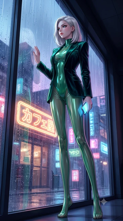 score_9, masterpiece, best quality, ultra-detailed, High-budget Anime Keyframe, Caucasian woman, strictly human ears. Dynamic full-body shot stretching the vertical silhouette to the limit. Scenario 451: looking out at the rain through a wet glass wi