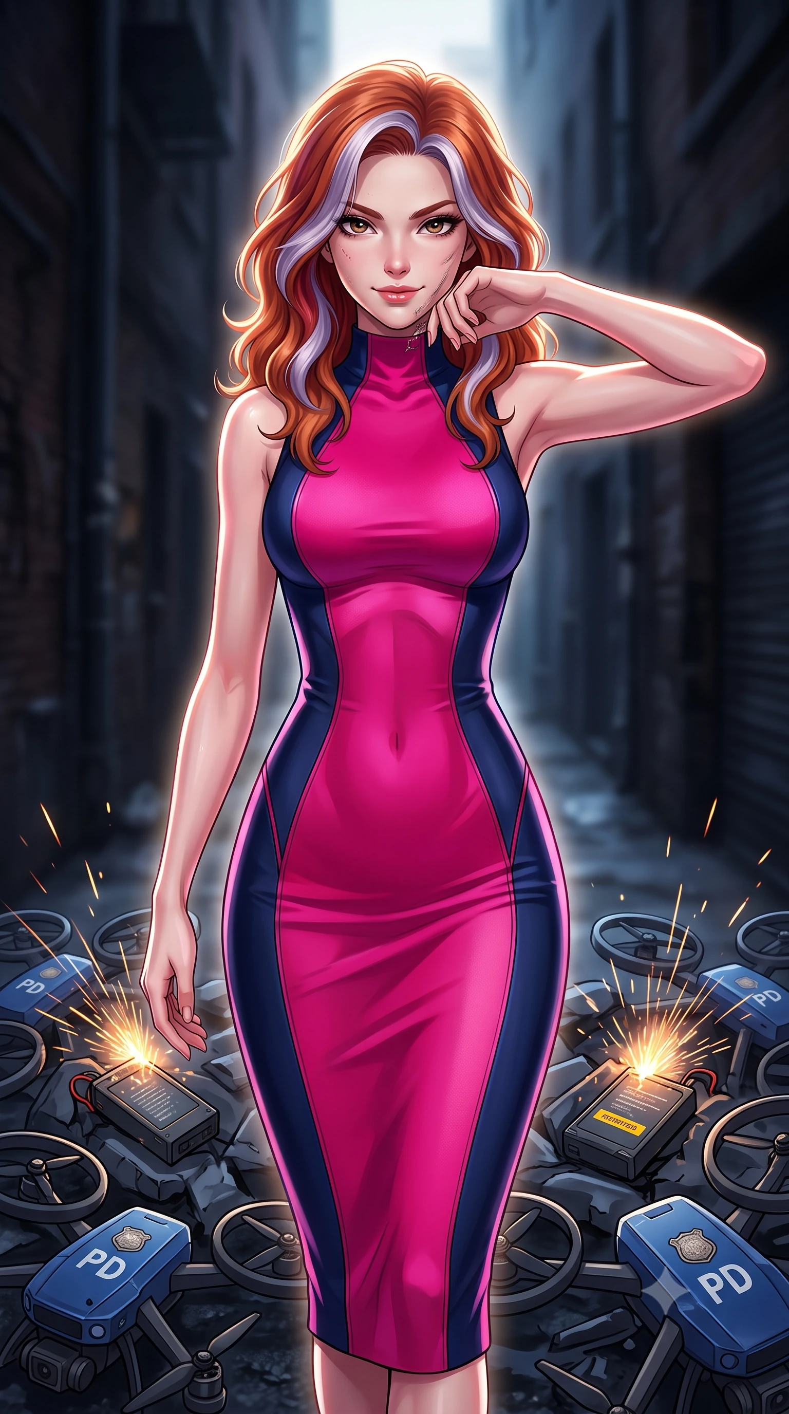 score_9, masterpiece, best quality, ultra-detailed, high-budget anime keyframe, editorial fashion photography, tasteful artistic composition, Caucasian woman, strictly human ears. close-up cowboy shot from the waist and thighs up, the character dominates the composition, filling the frame with her large presence, background elements kept in soft focus. Defiantly wiping oil and stardust from her jawline with a confident, victorious smirk. set against a soft-focus background of a dead-end alley where broken police drones are stacked, sparks still flying from exposed batteries. She has an exceptionally elegant and slender, willowy female figure with an ultra-slim waist, a gracefully sculpted slender torso, and a refined slim physique. sharp v-shaped jawline, high-bridge nose, intricate jewel-like eyes with depth, thick eyelashes, glossy lips with a natural sheen. wearing tailored for maximum mobility, sleek form-contouring panels that allow fluid movement, a tailored high-neck bodycon midi dress in a dual-tone of fuchsia and navy, sculpting her slender dancer frame with elegant lines. highly saturated vibrant anime colors, intense vivid color palette, soft 3D volumetric shading, volumetric dynamic lighting, dramatic backlight creating a radiant halo effect around her entire silhouette. 2k, ultra detail, master piece, 9:16 ratio