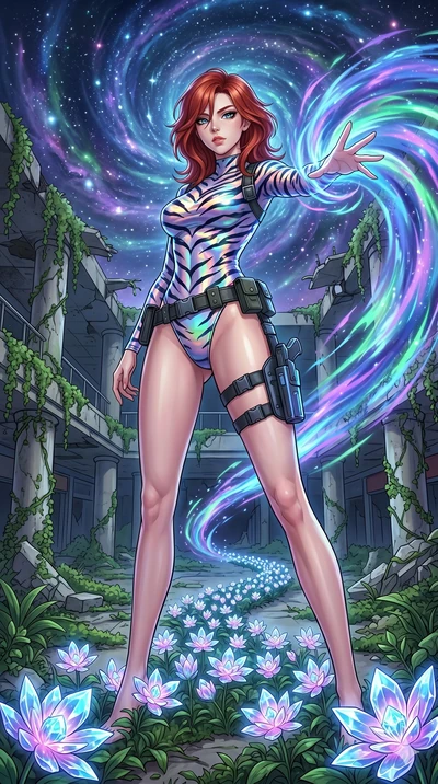 score_9, masterpiece, best quality, ultra-detailed, Set A: High-budget Anime Keyframe, Korean woman. Low angle cowboy shot filling the entire 9:16 frame with her statuesque presence. Theme: Historical Remix. unleashing a massive energy wave in a ruin