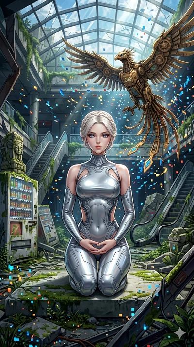 score_9, masterpiece, best quality, ultra-detailed, Set A: High-budget Anime Keyframe, Japanese woman. Low angle cowboy shot filling the entire 9:16 frame with her statuesque presence. Theme: Historical Remix. meditating in a ruined overgrown shoppin