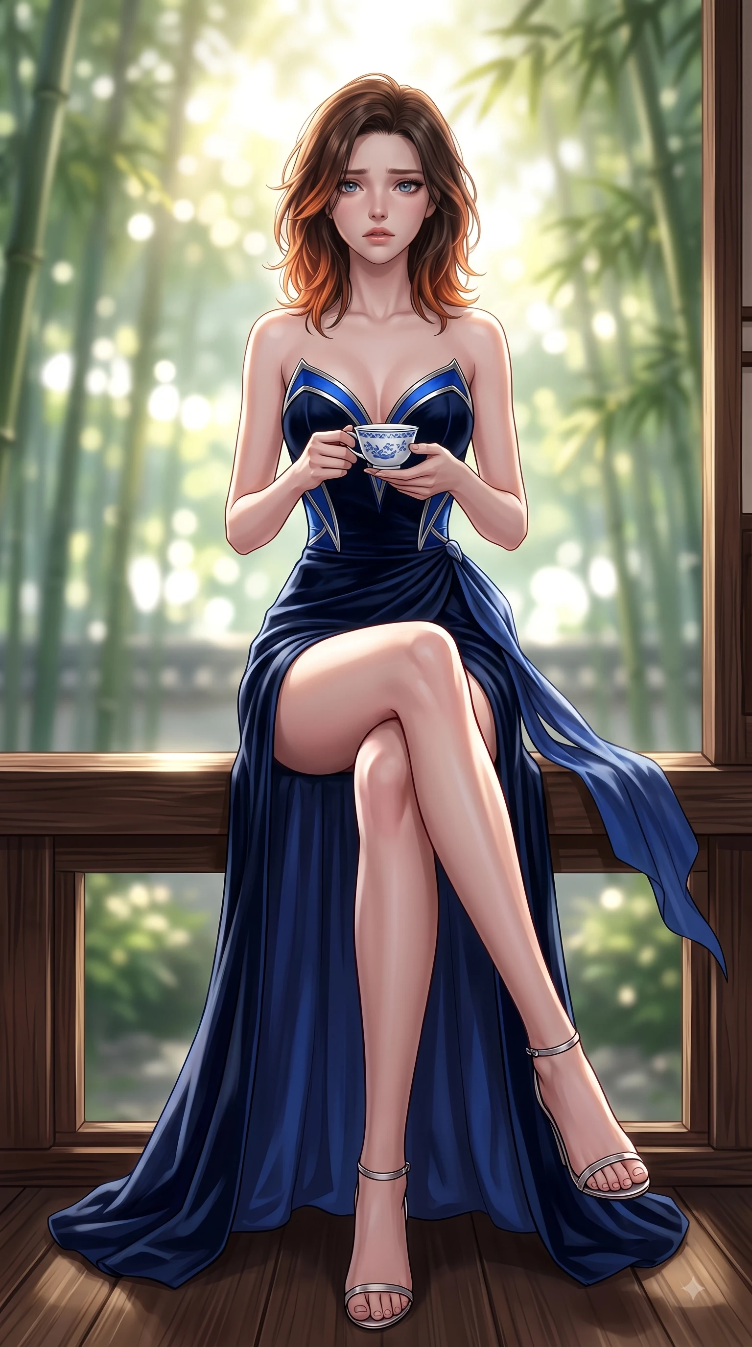 score_9, masterpiece, best quality, ultra-detailed, high-budget anime keyframe, editorial fashion photography, tasteful artistic composition, Korean woman. low angle full-body shot from head to toe showing her feet, filling the entire 9:16 vertical frame with her statuesque presence, stretching her vertical silhouette. Wistful sorrowful gaze looking distant with a delicate melancholy and emotional depth in her eyes while sitting on a polished wooden Hanok veranda holding a delicate porcelain tea cup. The composition keeps background elements in soft focus with dreamy bokeh. dappled sunlight filtering through bamboo leaves creating a peaceful blurred backdrop. She has an absolutely perfect, statuesque 8.5-heads proportion, an exceptionally tall and slender model-like female figure with impossibly long slender legs and an ultra-slim waist. sharp v-shaped jawline, high-bridge nose, intricate jewel-like eyes with depth, thick eyelashes, glossy lips with a natural sheen, flawlessly proportioned anatomical accuracy, natural body alignment, perfectly sculpted elegant limbs, clean dynamic posture without body distortion. wearing a sleek dark navy velvet bustier gown with a deep slit and metallic accents in electric cobalt blue and polished silver accent, tailored from crisp high-density cotton poplin, accented with a delicate side waist sash creating fluid lines, the fluid drape swaying gracefully with her dynamic editorial movement. bathed in bright morning sunbeams filtering through lush bamboo canopies. highly saturated vibrant anime colors, detailed shading with soft gradients, rich glossy textures, high-contrast stereoscopic depth, volumetric dynamic lighting, master piece, 9:16 ratio