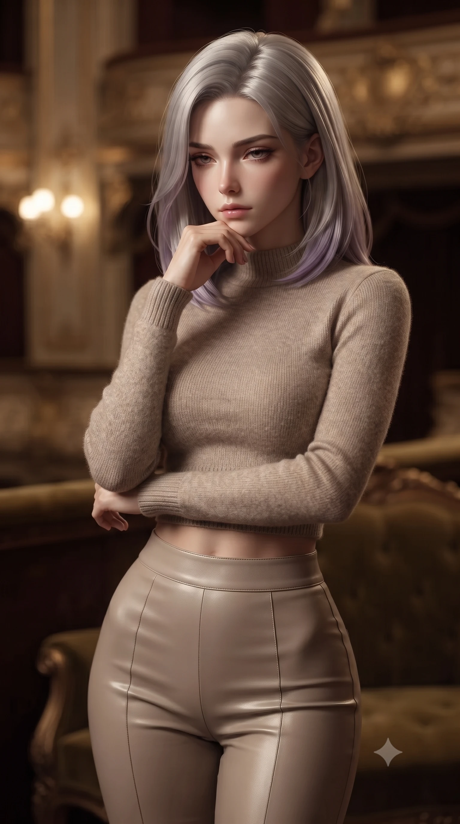 score_9, masterpiece, best quality, ultra-detailed, high-budget anime keyframe, editorial fashion photography, tasteful artistic composition, Caucasian woman. close-up cowboy shot from the waist and thighs up, the character dominates the composition, filling the frame with her large presence, background elements kept in soft focus. resting her chin on the backs of her fingers, casting a heavy-lidded, sultry look past the camera the background shows a soft-focus a velvet-lined lounge corner inside a historic opera house theater foyer. She has an exceptionally elegant, slender, and willowy female figure with an ultra-slim waist, a gracefully sculpted slender torso, and a refined silhouette. sharp v-shaped jawline, high-bridge nose, intricate jewel-like eyes with depth, thick eyelashes, glossy lips with a natural sheen. wearing a form-contouring tight-fitting crop sweater in oatmeal wool, paired with high-waisted form-fitting pants. low-contrast warm ambient glow creating a calm and mysterious mood. ultra-reflective glossy finish, specular highlights, metallic sheen, high-contrast stereoscopic depth, volumetric dynamic lighting, 2k, ultra detail, master piece, 9:16 ratio