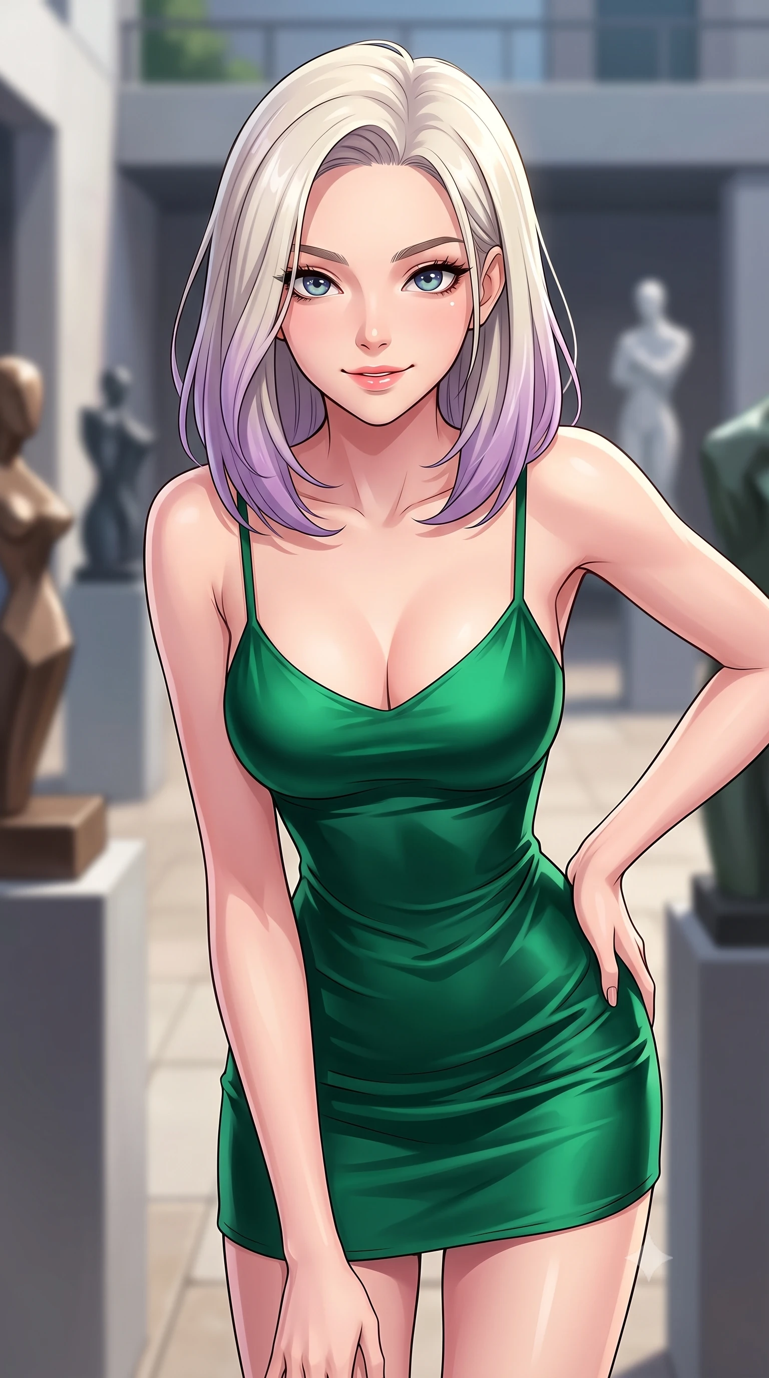 score_9, masterpiece, best quality, ultra-detailed, high-budget anime keyframe, tasteful artistic composition, Caucasian woman. close-up cowboy shot from the waist and thighs up, the character dominates the composition, filling the frame with her large presence, background elements kept in soft focus. leaning slightly forward with a playful, teasing smile, her gaze locked onto the viewer the background shows a soft-focus a secluded courtyard terrace of an art gallery, surrounded by modern sculptures. She has an exceptionally elegant, slender, and willowy female figure with an ultra-slim waist, a gracefully sculpted slender torso, and a refined silhouette. sharp v-shaped jawline, high-bridge nose, intricate jewel-like eyes with depth, thick eyelashes, glossy lips with a natural sheen. wearing a slim-fit form-contouring emerald green silk slip dress that hugs her slender waist and hips. soft spotlighting highlighting the textures of her designer outfit. highly saturated vibrant anime colors, cel-shading, 2d style, master piece, 9:16 ratio