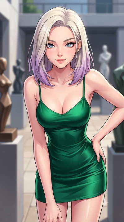 score_9, masterpiece, best quality, ultra-detailed, high-budget anime keyframe, tasteful artistic composition, Caucasian woman. close-up cowboy shot from the waist and thighs up, the character dominates the composition, filling the frame with her lar