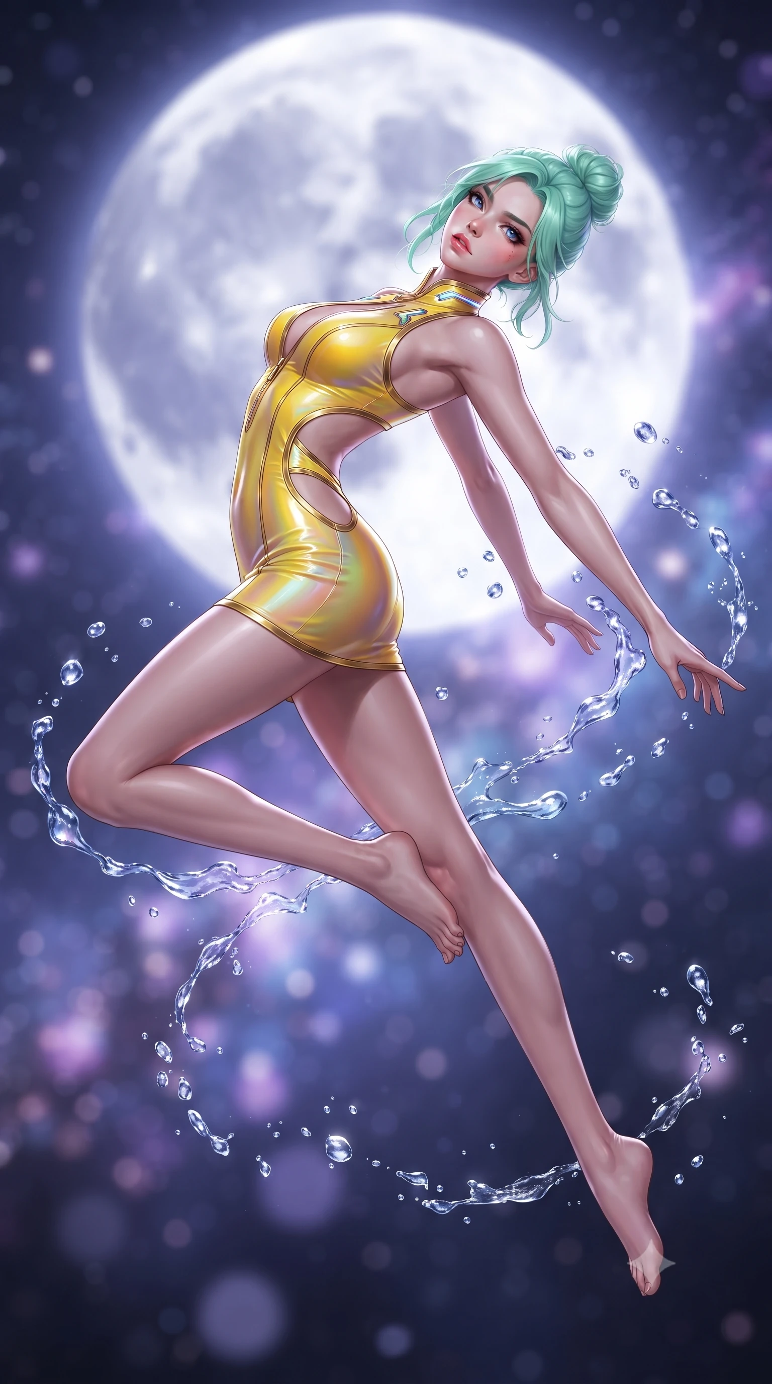 score_9, masterpiece, best quality, ultra-detailed, high-budget anime keyframe, editorial fashion photography, tasteful artistic composition, Japanese woman. low angle full-body shot from head to toe showing her feet, filling the entire 9:16 vertical frame with her statuesque presence, stretching her vertical silhouette. leaping through mid-air with an athletic yet alluring arch of her spine, her impossibly long slender legs stretched in flawless poise while arching her back in a fluid motion as luminous celestial water droplets splash in slow motion around her. The composition keeps background elements in soft focus with creamy bokeh. giant glowing silver moon and swirling galaxy nebulae blurred into dreamy violet and indigo bokeh. She has an absolutely perfect, statuesque 8.5-heads proportion, an exceptionally tall and slender model-like female figure with impossibly long slender legs, a toned flat midriff, and an ultra-slim waist. sharp v-shaped jawline, high-bridge nose, intricate jewel-like eyes with depth, thick eyelashes, glossy lips with a natural sheen, flawlessly proportioned anatomical accuracy, strict slender model proportions, natural body alignment, perfectly sculpted long slender limbs, ultra-slim waistline, clean dynamic posture without body distortion. wearing a second-skin fashion-latex mini dress with a clean architectural front, featuring an open-back design that wraps around the sides of her waist, showcasing her slender silhouette in vibrant sunburst canary yellow and gold trim, made of smooth iridescent silk chiffon that shifts colors with movement, featuring a dangerously unzipped neckline framed by glowing cybernetic accents, the liquid-tight tailored fabric emphasizing every curve of her tall, slender model proportions and sculptured silhouette during dynamic movement. surrounded by an ethereal, mystical, and breathtakingly divine moon-goddess aura. ultra-reflective glossy finish, specular highlights, metallic sheen, high-contrast stereoscopic depth, volumetric dynamic lighting, 2k, ultra detail, master piece, 9:16 ratio