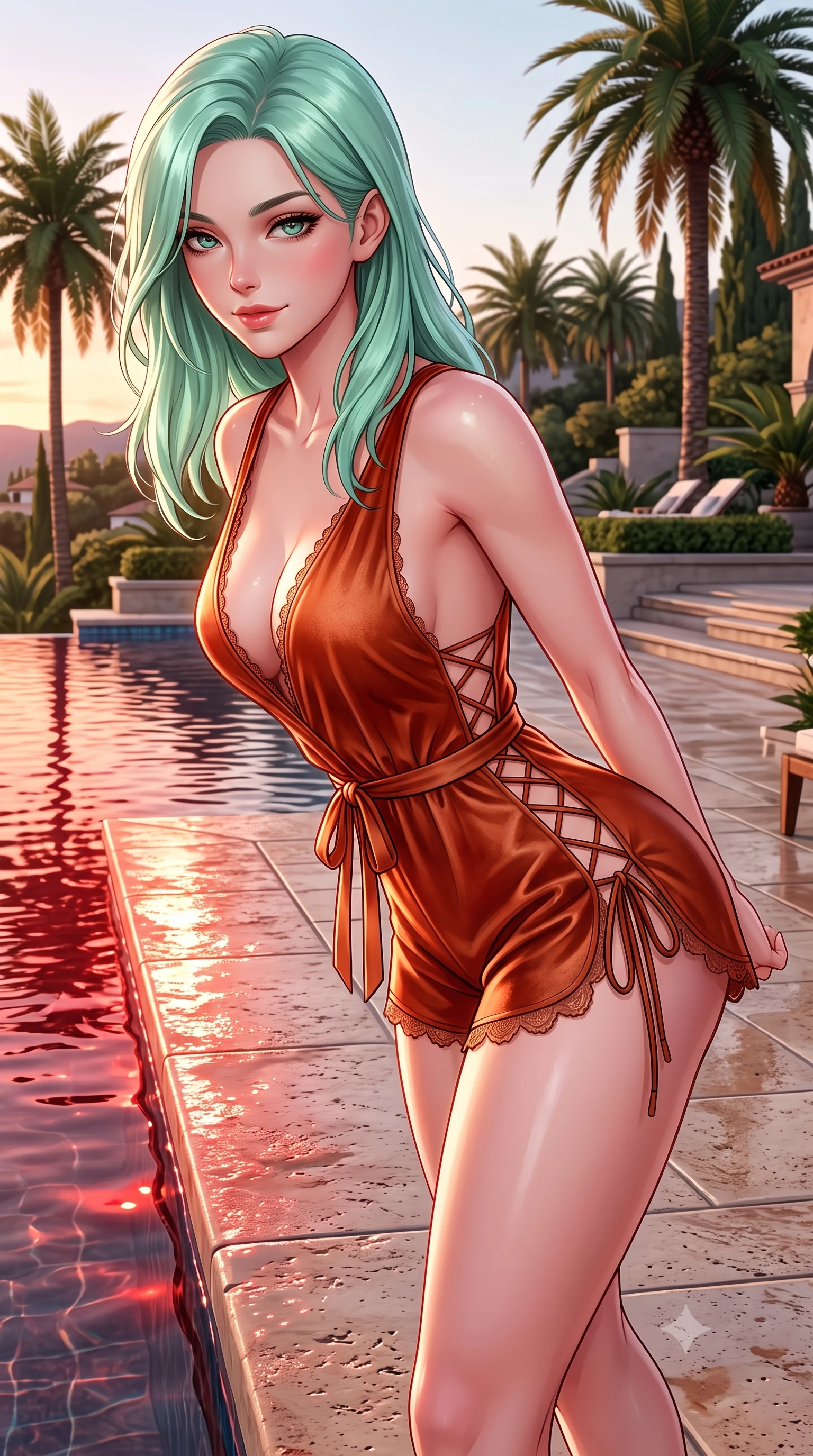 score_9, masterpiece, best quality, ultra-detailed, high-budget anime keyframe, semi-realistic 3D game render, editorial fashion photography, tasteful artistic composition, Japanese woman. close-up cowboy shot from the waist and thighs up, the character dominates the composition, filling the frame with her large presence. leaning forward while arching her lower back to accentuate her curvy hips, looking into the camera with an intoxicating smoldering gaze and bedroom-eyes while walking slowly along the wet travertine edge of the infinity pool, arching her spine with seductive grace as the fiery crimson sunset reflects in the water. The surrounding environment is rendered in vivid detail and crisp panoramic clarity: detailed semi-sheer pleated chiffon dress cling, delicate pearl ankle wrap gleam, and luxury chateau landscaping in high resolution. She has an exceptionally elegant, slender, and willowy female figure with an ultra-slim waist, flat toned midriff, narrow ribcage, and sculpted feminine hips creating an alluring, slim hourglass silhouette without bulk. sharp v-shaped jawline, high-bridge nose, sparkling eyes with hypnotic seductive depth, thick curled eyelashes, glossy parted lips with a natural dewy peach sheen, alluring bedroom-eyes with an enchanting coquettish smile, exuding magnetic siren charisma and sophisticated glamour, flawlessly proportioned anatomical accuracy, strict slender model proportions, natural body alignment, perfectly sculpted long slender limbs, ultra-slim waistline, clean dynamic posture without body distortion. wearing a plunge-neck stretch velvet romper with scalloped eyelash-lace hems and a cinched waist ribbon in sun-drenched Tuscan terracotta and burnished copper, woven from buttery-soft stretch lambskin leather adhering to her body like a second skin, featuring fine criss-cross lace-up side ties revealing tantalizing glimpses of her hip curve, the liquid-tight tailored fabric clinging flawlessly to her narrow waist and rounded feminine hips, emphasizing every millimeter of her sculpted slim hourglass curves without any bulky heaviness. illuminated by pool water specular reflections and sharp rose-gold rim lights defining her delicate clavicles, ultra-slim waist, and curvy hips. highly saturated vibrant anime colors, detailed shading with soft gradients, rich glossy textures, high-contrast stereoscopic depth, volumetric dynamic lighting, master piece, 9:16 ratio
