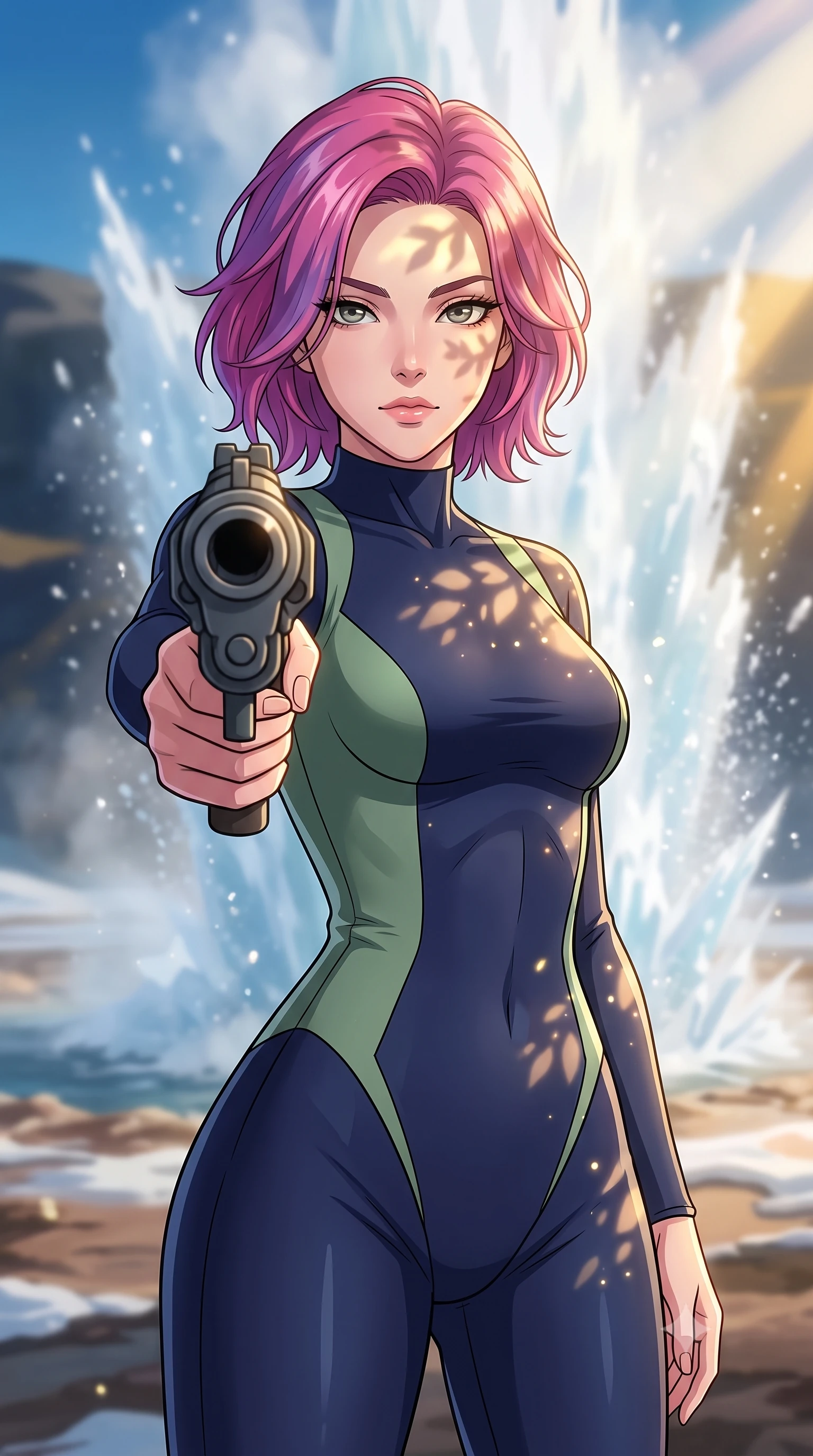 score_9, masterpiece, best quality, ultra-detailed, high-budget anime keyframe, clean line-art, cel-shading, Caucasian woman, strictly human ears. close-up cowboy shot from the waist and thighs up, the character dominates the composition, filling the frame with her large presence, background elements kept in soft focus. Pointing a weapon directly past the lens with a calm, dominant gaze of superiority. set against a soft-focus background of a geothermal ice geyser erupting high-velocity columns of ice crystals and freezing steam on an alien tundra. She has an exceptionally elegant and slender, willowy female figure with an ultra-slim waist, a gracefully sculpted slender torso, and a refined slim physique. sharp v-shaped jawline, high-bridge nose, intricate jewel-like eyes with depth, thick eyelashes, glossy lips with a natural sheen. wearing catching and diffusing the glowing particles, shimmering softly in response to the surrounding light, a tailored form-fitting catsuit in deep navy, with strategic sage green side panels that accentuate her slender waist. warm golden afternoon sunbeams casting soft organic leaf shadows across her skin. highly saturated vibrant anime colors, intense vivid color palette, volumetric dynamic lighting, 2k, ultra detail, master piece, 9:16 ratio