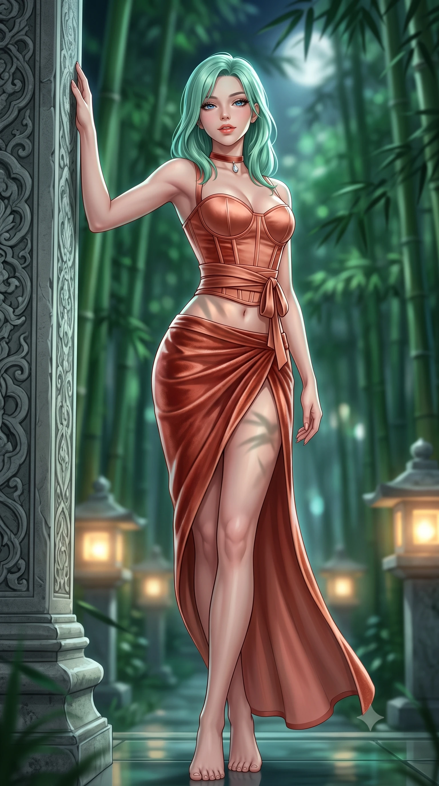 score_9, masterpiece, best quality, ultra-detailed, high-budget anime keyframe, semi-realistic 3D game render, editorial fashion photography, tasteful artistic composition, Japanese woman. low angle full-body shot from head to toe showing her feet, filling the entire 9:16 vertical frame with her statuesque presence, stretching her vertical silhouette. standing tall beside the architectural column, one hand resting high while arching her lower back to emphasize her sculpted feminine hips and slender waist while twisting her slender torso in an alluring contrapposto stance, rustling bamboo shadows and warm lantern glows dancing across her flat midriff and hips. The background shows a soft-focus towering green bamboo stalks swaying in night breeze, glowing granite toro stone lanterns, and silver moonbeams blurred into emerald, moss-green, and pale silver bokeh. She has an absolutely perfect, statuesque 8.5-heads proportion, an exceptionally tall and slender model-like female figure with impossibly long slender legs, an ultra-slim waist, a flat toned midriff, narrow delicate ribcage, and beautifully sculpted feminine hips creating a graceful, slim hourglass silhouette without any bulky heaviness. sharp v-shaped jawline, high-bridge nose, sparkling eyes with hypnotic seductive depth, thick curled eyelashes, glossy parted lips with a natural dewy peach sheen, alluring bedroom-eyes with an enchanting coquettish smile, exuding magnetic siren charisma and sophisticated glamour, flawlessly proportioned anatomical accuracy, strict slender model proportions, natural body alignment, perfectly sculpted long slender limbs, ultra-slim waistline, clean dynamic posture without body distortion. wearing a structured boned satin corset bodice with obi-inspired wrap ribbon cinching her ultra-slim waistline in Positano terracotta and blush peach, tailored from ultra-plush velvet with rich tactile depth and deep shadow gradients, finished with a thin velvet ribbon choker and a single teardrop diamond pendant, the high-slit wrap tailoring accentuating her ultra-slim waistline and the enchanting curve of her feminine hips with alluring seductive charm. illuminated by glass walkway reflection bounce and sharp jade-platinum rim lights defining her razor-sharp jawline, narrow waist, and curvy hips. highly saturated vibrant anime colors, detailed shading with soft gradients, rich glossy textures, high-contrast stereoscopic depth, volumetric dynamic lighting, master piece, 9:16 ratio