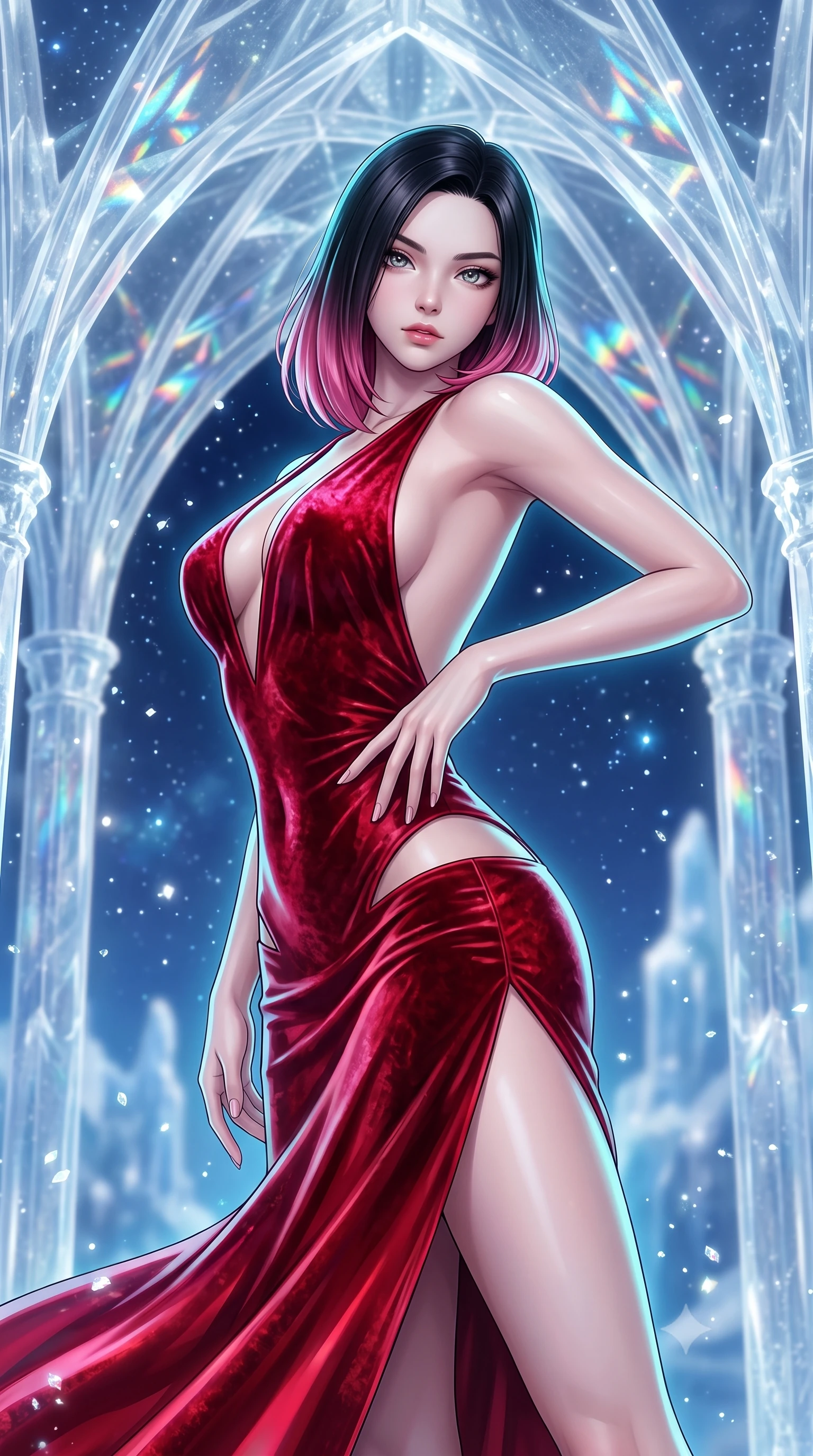 score_9, masterpiece, best quality, ultra-detailed, high-budget anime keyframe, semi-realistic 3D game render, editorial fashion photography, tasteful artistic composition, Korean woman. close-up cowboy shot from the waist and thighs up, the character dominates the composition, filling the frame with her large presence. twisting her upper body in a dynamic S-curve with an alluring smolder, one hand trailing along her slender waist while arching her spine in a fluid stretch under a towering cathedral of transparent ice with starlight refracting through arches. The composition keeps background elements in soft focus with creamy bokeh. glistening diamond dust motes scattering crystalline light across a dreamy, starlit backdrop. She has an exceptionally elegant, slender, and willowy female figure with an ultra-slim waist, a gracefully sculpted slender torso, toned flat midriff, and a refined slim silhouette. sharp v-shaped jawline, high-bridge nose, intricate jewel-like eyes with depth, thick eyelashes, glossy lips with a natural sheen, flawlessly proportioned anatomical accuracy, strict slender model proportions, natural body alignment, perfectly sculpted long slender limbs, ultra-slim waistline, clean dynamic posture without body distortion. wearing a backless crimson crushed velvet gown with a deep plunging V-neckline, strategic hip cutouts, and an ultra-high thigh slit in radiant crimson silk and crisp snow white, made of liquid metal jersey that clings flawlessly to every contour of her build, finished with an ultra-high side slit secured by miniature magnetic clasps, the glove-like aerodynamic second-skin fit tightly clinging to her ultra-slender waist and athletic curves without adding bulk, accentuating her razor-sharp statuesque lines and slim hourglass silhouette. illuminated by cool white key light and crisp cyan rim highlights tracing her slender curves. highly saturated vibrant anime colors, detailed shading with soft gradients, rich glossy textures, high-contrast stereoscopic depth, volumetric dynamic lighting, master piece, 9:16 ratio