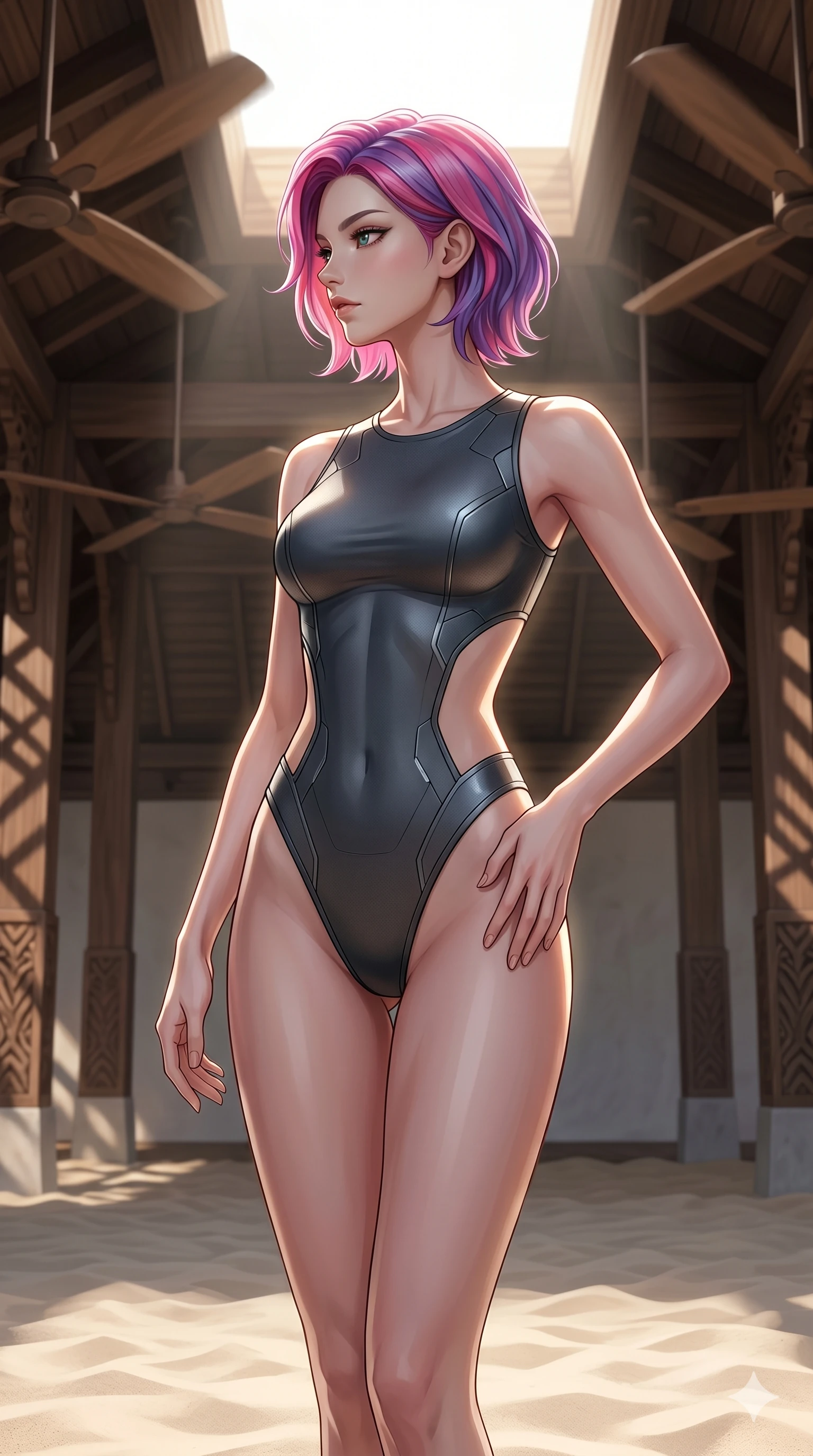 score_9, masterpiece, best quality, ultra-detailed, high-budget anime keyframe, editorial fashion photography, tasteful artistic composition, Caucasian woman, strictly human ears. cowboy shot from the thighs up, character and outfit filling the frame for maximum editorial presence. standing tall on the sand, her face turned in profile, with a composed expression in a resort pavilion with massive turning wooden ceiling fans (Code-P19-082). She has an absolutely perfect 8-heads proportion, an exceptionally tall and slender female figure with impossibly long slender legs and an ultra-slim waist. V-shaped jawline, high-bridge nose, intricate jewel-like eyes with depth, thick eyelashes, glossy lips with a natural sheen. wearing a sleek neoprene cyber-bodysuit with high-cut leg lines and an exposed waist. dramatic sunlight from above, outlining her tall slender figure and waist. 2k, ultra detail, master piece, 9:16 ratio