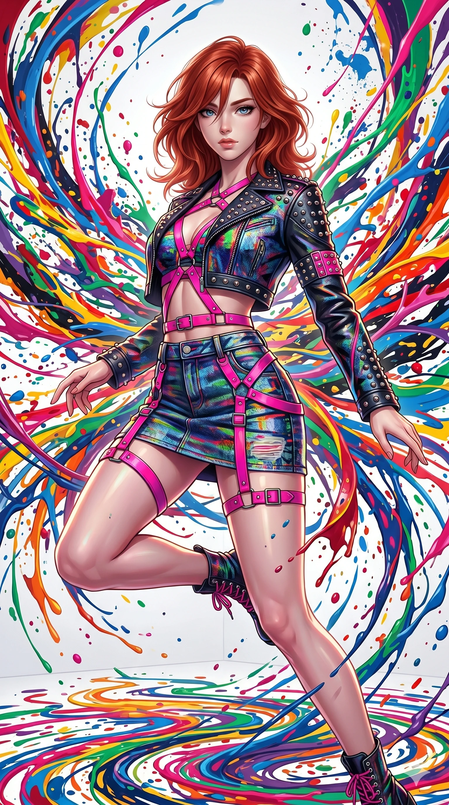 score_9, masterpiece, best quality, ultra-detailed, high-budget anime keyframe, Korean woman. upper body close-up from the thighs up, character filling the screen for maximum presence. leaping into a vorticist paint splatter dimension where thousands of vivid acrylic paint ribbons and splatters swirl around her in a white gallery void. She has an absolutely perfect 8-heads proportion, an exceptionally tall and slender female figure with impossibly long slender legs and an ultra-slim waist. V-shaped jawline, high-bridge nose, intricate jewel-like eyes with depth, thick eyelashes, glossy lips with a natural sheen.. wearing a glitch denim and studded leather outfit, featuring an RGB glitch pattern denim structured mini skirt, a single-sleeve cropped leather jacket, and neon pink harness straps. lit by a soft glowing ambient light and a sharp side key light that traces the sleek contours of her athletic build. 2k, ultra detail, master piece, 9:16 ratio