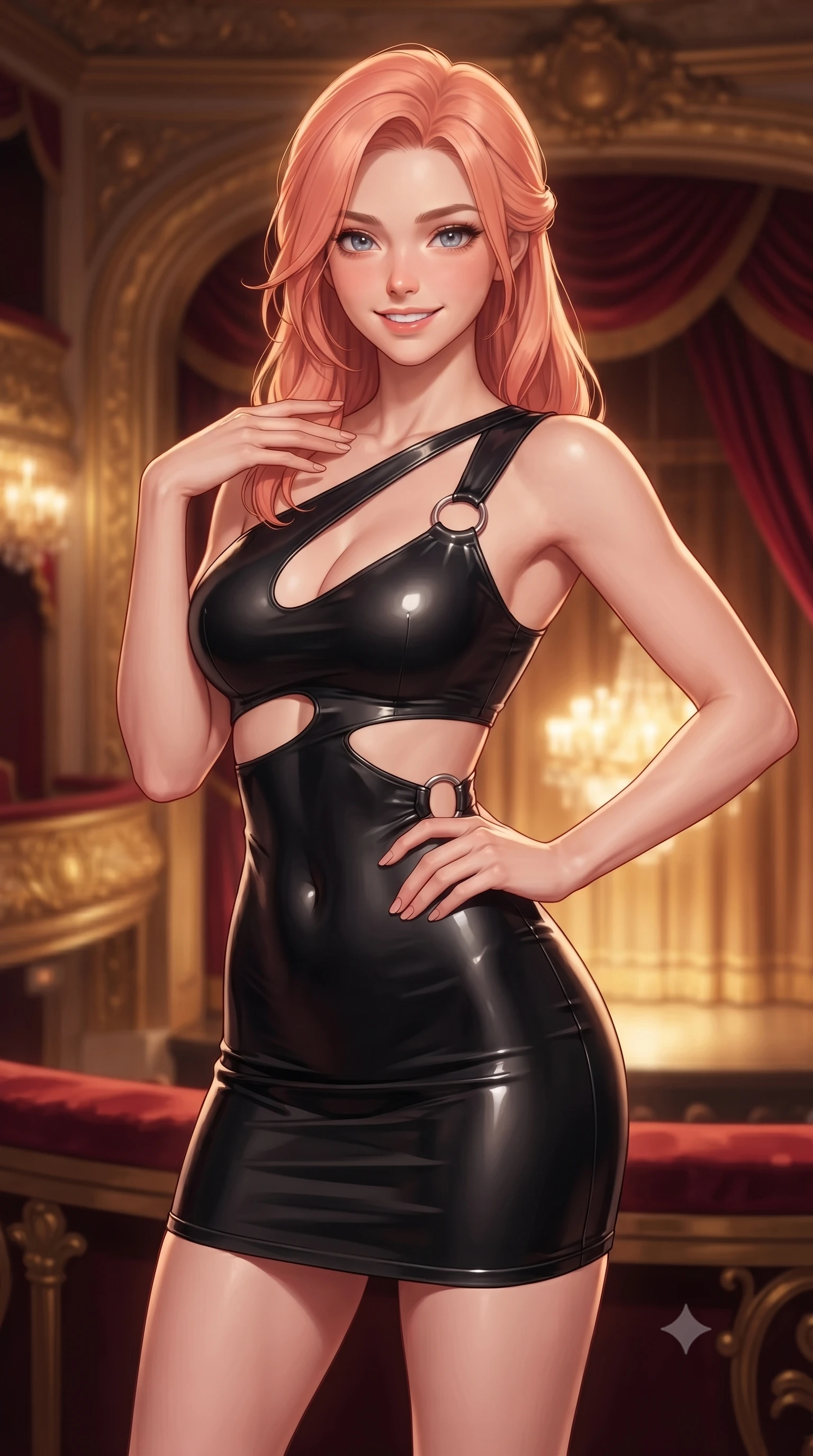 score_9, masterpiece, best quality, ultra-detailed, high-budget anime keyframe, editorial fashion photography, tasteful artistic composition, Japanese woman woman. close-up cowboy shot from the waist and thighs up, the character dominates the composition, filling the frame with her large presence, background elements kept in soft focus. She has an exceptionally elegant, slender, and willowy female figure with an ultra-slim waist, a gracefully sculpted slender torso, and a refined silhouette. smiling with quiet, magnetic self-assurance directly into the camera lens, flawlessly proportioned anatomical accuracy, natural body alignment, perfectly sculpted elegant limbs, clean dynamic posture without body distortion. set against a soft-focus background of a VIP theater box suite draped in red silk velvet and gold trim. wearing an asymmetric cut-out mini dress in matte black latex with silver ring accents. bathed in warm golden chandelier light from the grand theater stage below. ultra-reflective glossy finish, specular highlights, metallic sheen, high-contrast stereoscopic depth, volumetric dynamic lighting, 2k, ultra detail, master piece, 9:16 ratio