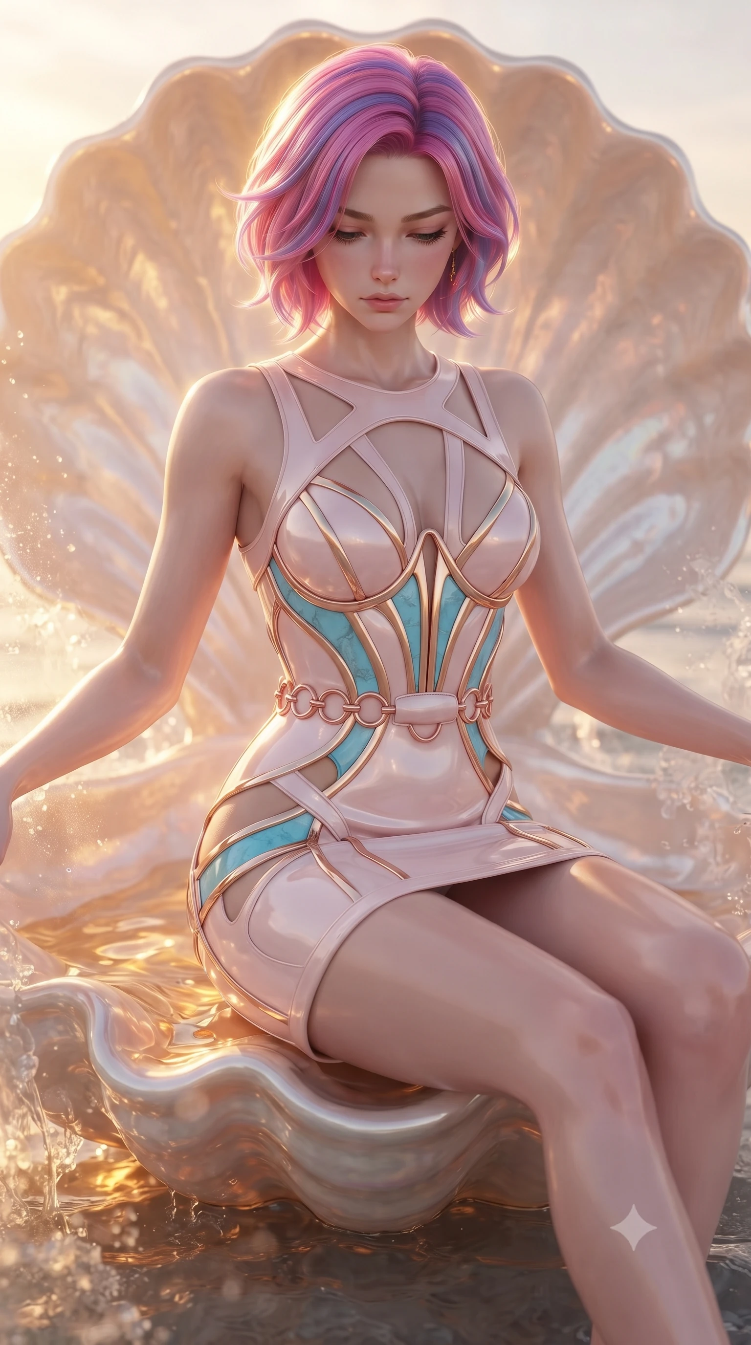 score_9, masterpiece, best quality, ultra-detailed, high-budget anime keyframe, editorial fashion photography, tasteful artistic composition, Caucasian woman. close-up cowboy shot from the waist and thighs up, the character dominates the composition, filling the frame with her large presence, background elements kept in soft focus. Looking down with lowered lashes and a composed, powerful aura, poised on a pearl shell throne illuminated by warm liquid gold reflections, translucent water mist reflecting warm golden sunset rays. She has an exceptionally elegant, slender, and willowy female figure with an ultra-slim waist, a gracefully sculpted slender torso, and a refined silhouette. sharp v-shaped jawline, high-bridge nose, intricate jewel-like eyes with depth, thick eyelashes, glossy lips with a natural sheen. wearing architectural cut-out pale pink leather mini dress with sculpted gold boning in sky blue turquoise, made of high-gloss liquid pearl vinyl, trimmed with rose-gold ring hardware along the waist contours, following her slender form with tailored precision. surrounded by a glowing golden aura with sharp metallic rim lights. ultra-reflective glossy finish, specular highlights, metallic sheen, high-contrast stereoscopic depth, volumetric dynamic lighting, 2k, ultra detail, master piece, 9:16 ratio