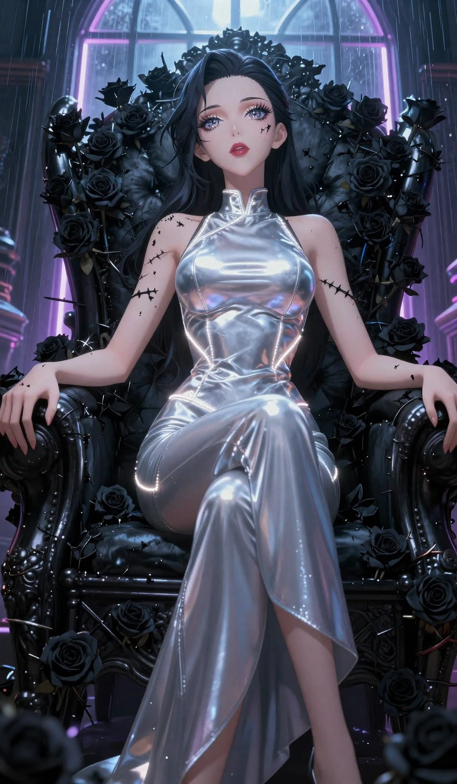 score_9, masterpiece, best quality, ultra-detailed, High-budget Anime Keyframe, Caucasian woman, strictly human ears. Low angle cowboy shot filling the entire 9:16 frame with her statuesque presence. Scenario 477: resting on a throne of black roses, thorns grazing her skin, in a glowing neon window at twilight with soft rain falling. Her presence is magnetic and overpowering in this high-budget anime scene. Outfit 477: a tailored liquid silver shimmering chiffon jumpsuit featuring a refined mock-neck collar and glowing LED seams. The clothing is designed to emphasize her exceptionally tall and slender 8-heads proportion. 8-heads proportion, towering silhouette, ultra-slim waist. sharp v-shaped jawline, intricate jewel-like eyes with depth, thick eyelashes, glossy lips. 2k, ultra detail, master piece, 9:16 ratio