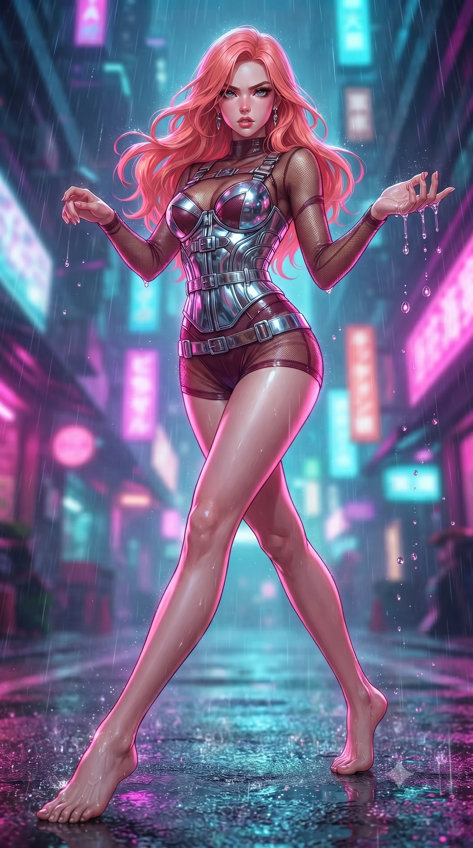 score_9, masterpiece, best quality, ultra-detailed, high-budget anime keyframe, editorial fashion photography, tasteful artistic composition, Japanese woman. low angle full-body shot from head to toe showing her feet, filling the entire 9:16 vertical frame with her statuesque presence, stretching her vertical silhouette. forging dynamically through the scene with her long slender legs and ultra-slim waist creating a sweeping S-curve while reaching forward with one hand to catch rain droplets catching neon speculars, soft urban mist scattering vibrant magenta and cyan neon rim light around her form. She has an absolutely perfect, statuesque 8.5-heads proportion, an exceptionally tall and slender model-like female figure with impossibly long slender legs and an ultra-slim waist. sharp v-shaped jawline, high-bridge nose, intricate jewel-like eyes with depth, thick eyelashes, glossy lips with a natural sheen, flawlessly proportioned anatomical accuracy, natural body alignment, perfectly sculpted elegant limbs, clean dynamic posture without body distortion. wearing a chrome-plated structured bodice worn over a sheer mesh top and micro-shorts in deep burgundy and bronze, woven from fine semi-opaque sheer organza, detailed with polished silver buckles along the waistline, the tailored fabric tightly following every curve of her athletic build. surrounded by a vibrant, atmospheric city glow with glistening raindrops. ultra-reflective glossy finish, specular highlights, metallic sheen, high-contrast stereoscopic depth, volumetric dynamic lighting, 2k, ultra detail, master piece, 9:16 ratio