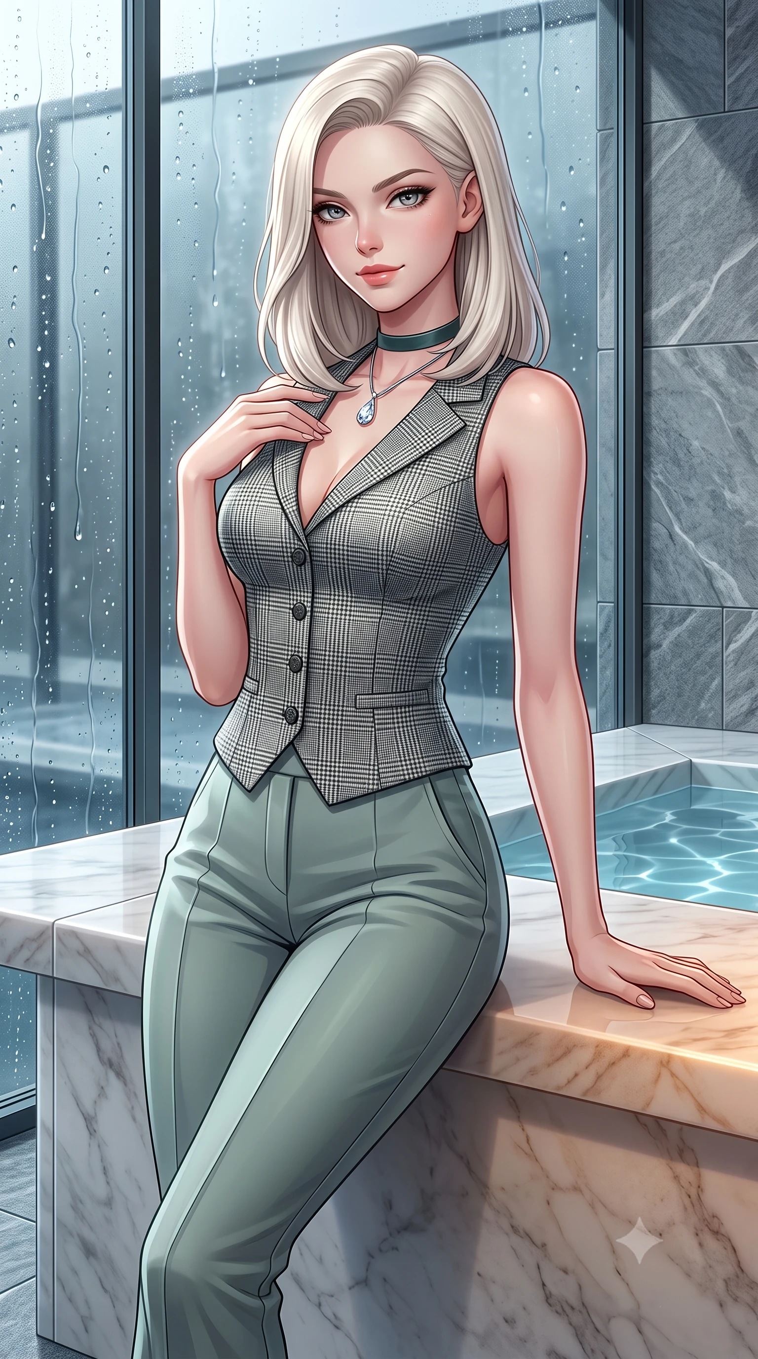 score_9, masterpiece, best quality, ultra-detailed, high-budget anime keyframe, semi-realistic 3D game render, editorial fashion photography, tasteful artistic composition, Caucasian woman. close-up cowboy shot from the waist and thighs up, the character dominates the composition, filling the frame with her large presence. tilting her chin up with a teasing half-smile, running one manicured hand lightly along her lapel with effortless magnetic allure while leaning against a smooth heated marble bench, resting one hand on the warm stone with effortless wellness-model grace. The surrounding environment is rendered in vivid detail and crisp panoramic clarity: sharp thermal glass mullion seams, water droplet rivulets on exterior panes, and textured grey Vals quartzite stone tiles in deep focus. She has an exceptionally elegant, slender, and willowy female figure with an ultra-slim waist, flat toned midriff, narrow ribcage, and sculpted feminine hips creating an alluring, slim hourglass silhouette without bulk. sharp v-shaped jawline, high-bridge nose, intricate jewel-like sparkling eyes with depth, thick eyelashes, glossy parted lips with a natural peach sheen, bright cheerful beaming smile with an enchanting and coquettish sensual glint, exuding both youthful cute charm and seductive allure, flawlessly proportioned anatomical accuracy, strict slender model proportions, natural body alignment, perfectly sculpted long slender limbs, ultra-slim waistline, clean dynamic posture without body distortion. wearing a sleek Prince of Wales check tailored vest bodice hugging her torso, paired with matching ultra-high-rise cigarette trousers in misty Arashiyama bamboo green and slate grey, tailored from stretch wool crepe providing structured compression and razor-sharp bodycon lines, finished with a narrow velvet neck ribbon and a sparkling teardrop crystal pendant, the second-skin tailored fabric adhering flawlessly to her sculpted flat midriff and slender torso, emphasizing her long leg lines and perfectly proportioned willowy build. illuminated by thermal pool surface caustics and soft pearlescent rim lights accentuating her sharp jawline and slender hourglass silhouette. highly saturated vibrant anime colors, detailed shading with soft gradients, rich glossy textures, high-contrast stereoscopic depth, volumetric dynamic lighting, master piece, 9:16 ratio