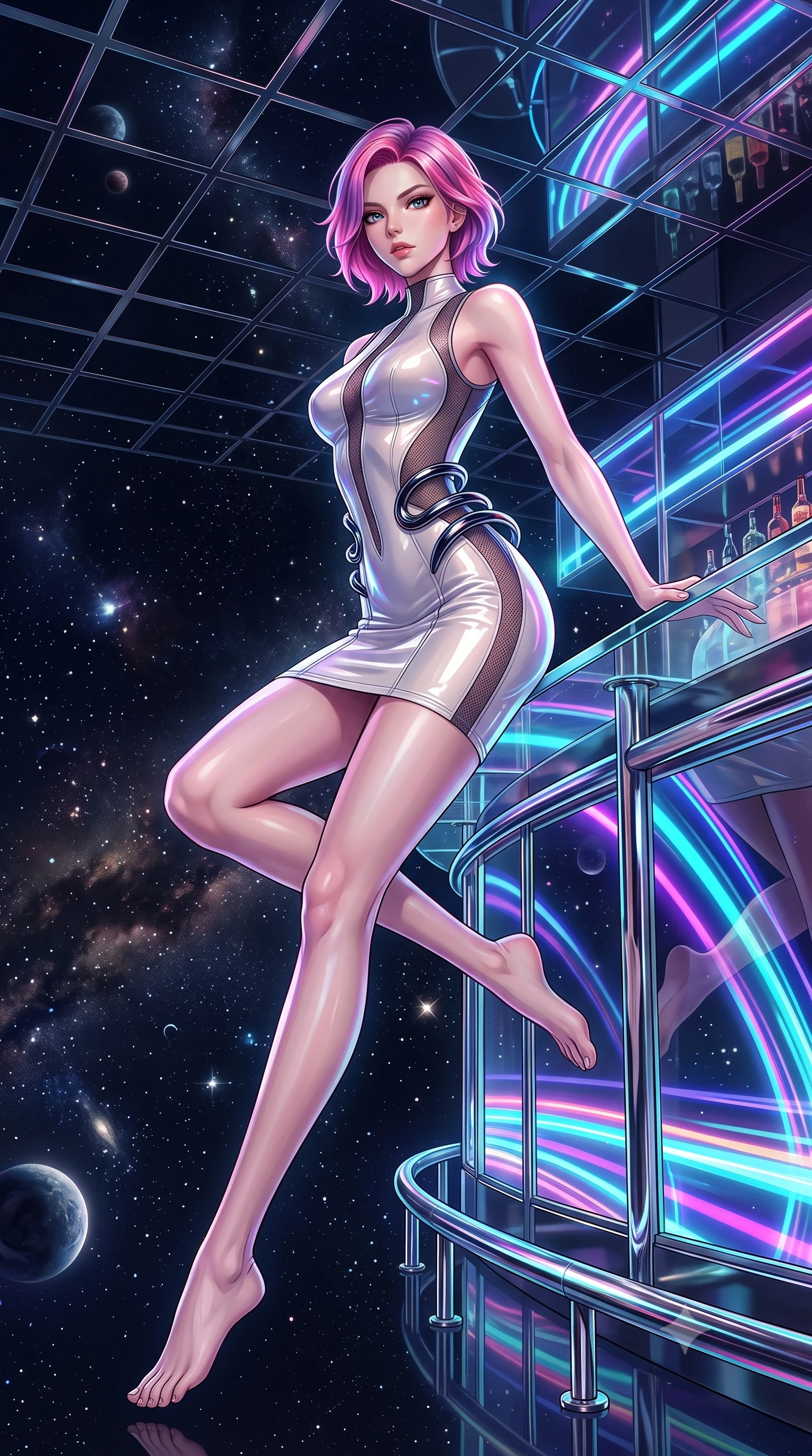 score_9, masterpiece, best quality, ultra-detailed, high-budget anime keyframe, editorial fashion photography, tasteful artistic composition, Caucasian woman. low angle full-body shot from head to toe showing her feet, filling the entire 9:16 vertical frame with her statuesque presence, stretching her vertical silhouette. leaping dynamically through the starry space, her posture full of power and elegance, resting against a polished chrome bar counter reflecting neon neon reflections, glove-like fit liquid vinyl dress highlighting her ultra-slim waist. She has an absolutely perfect, statuesque 8.5-heads proportion, an exceptionally tall and slender model-like female figure with impossibly long slender legs and an ultra-slim waist. sharp v-shaped jawline, high-bridge nose, intricate jewel-like eyes with depth, thick eyelashes, glossy lips with a natural sheen. wearing precision-fitted bodycon dress in high-gloss liquid vinyl in pearl white, made of fine dark contouring mesh, accented with sculpted obsidian chrome rings at the waist, contouring every curve with an exceptionally elegant silhouette. bathed in high-contrast specular reflections from mirror ceilings. highly saturated vibrant anime colors, detailed shading with soft gradients, rich glossy textures, high-contrast stereoscopic depth, volumetric dynamic lighting, master piece, 9:16 ratio