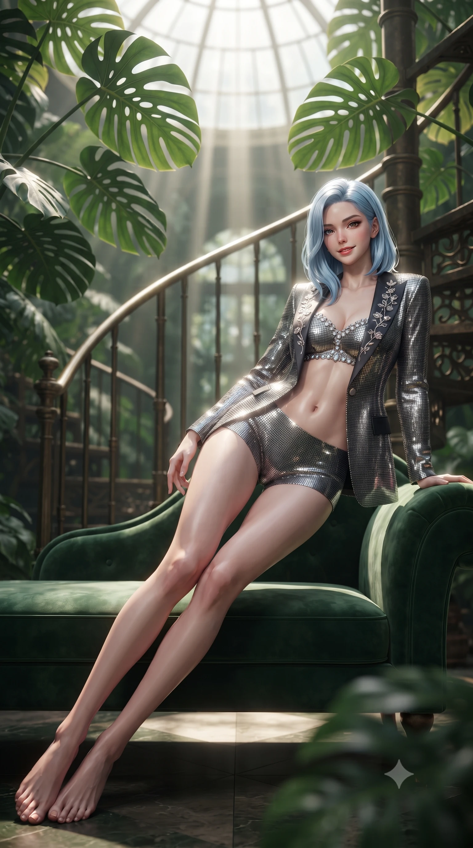 score_9, masterpiece, best quality, ultra-detailed, high-budget anime keyframe, editorial fashion photography, tasteful artistic composition, Korean woman. low angle full-body shot from head to toe showing her feet, filling the entire 9:16 vertical frame with her statuesque presence, stretching her vertical silhouette. reclining gracefully across the plush chaise lounge with one leg extended, her sculpted silhouette and flat midriff radiating magnetic nocturnal glamour while leaning against the spiral stair railing with hips cocked back, looking through split monstera leaves with an irresistible, parted-lip smile. The background shows a soft-focus monumental perforated monstera deliciosa leaves, spiraling iron stair steps, and glass dome above blurred into deep jungle green, cream, and gold bokeh. She has an absolutely perfect, statuesque 8.5-heads proportion, an exceptionally tall and slender model-like female figure with impossibly long slender legs, an ultra-slim waist, a flat toned midriff, narrow delicate ribcage, and beautifully sculpted feminine hips creating a graceful, slim hourglass silhouette without any bulky heaviness. sharp v-shaped jawline, high-bridge nose, sparkling eyes with hypnotic seductive depth, thick curled eyelashes, glossy parted lips with a natural dewy peach sheen, alluring bedroom-eyes with an enchanting coquettish smile, exuding magnetic siren charisma and sophisticated glamour, flawlessly proportioned anatomical accuracy, strict slender model proportions, natural body alignment, perfectly sculpted long slender limbs, ultra-slim waistline, clean dynamic posture without body distortion. wearing a tailored open-front smoking jacket worn over a jewel-embellished bandeau top and micro-shorts in molten liquid platinum and midnight charcoal with sapphire reflections, crafted from shimmering fluid chainmail mesh reflecting ambient casino lights, finished with delicate floral vine embroidery tracing along her sweetheart neckline with intimate elegance, the second-skin tailored fabric adhering flawlessly to her sculpted flat midriff and slender torso, emphasizing her long leg lines and perfectly proportioned willowy build. bathed in vertical shafts of bright morning sun penetrating the dense botanical canopy. ultra-reflective glossy finish, specular highlights, rich textural contrasts, high-contrast stereoscopic depth, volumetric dynamic lighting, 2k, ultra detail, master piece, 9:16 ratio