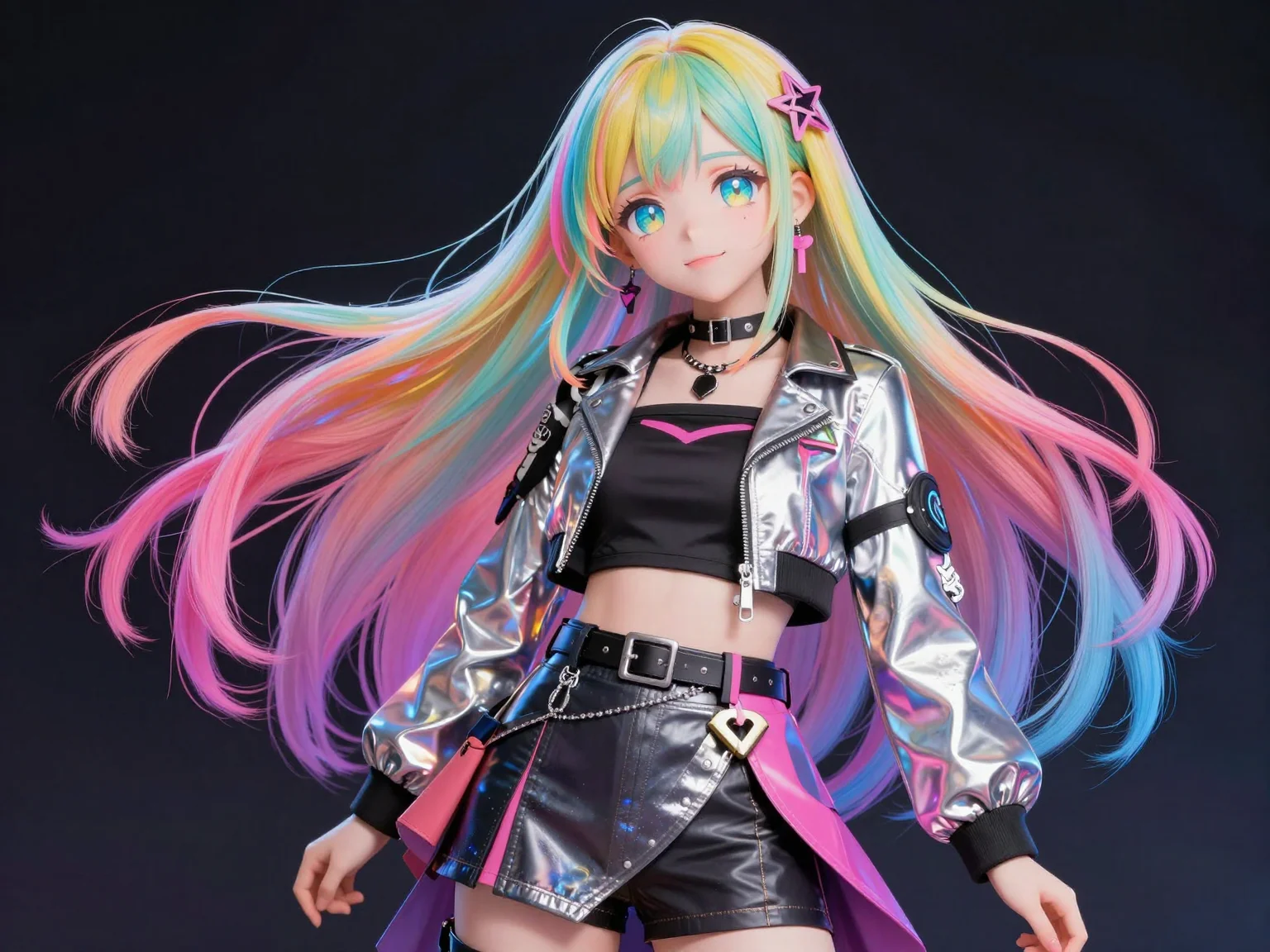 Japanese-manga-style female idol with long, vibrant, gradient-toned hair and luminous eyes that reflect obsession and pressure. She wears a high-fashion Gen Z outfit, including a metallic cropped jacket, asymmetrical skirt, and statement accessories.