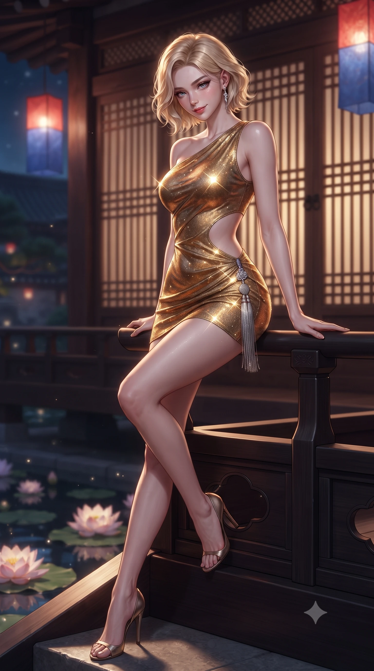 score_9, masterpiece, best quality, ultra-detailed, high-budget anime keyframe, editorial fashion photography, tasteful artistic composition, Caucasian woman. low angle full-body shot from head to toe showing her feet, filling the entire 9:16 vertical frame with her statuesque presence, stretching her vertical silhouette. leaning deep against the balcony balustrade with hips cocked back in an unapologetically alluring high-fashion stance, casting an intoxicating glance while sitting perched on the lacquered veranda steps with legs crossed, arching her lower back with breathtaking siren grace as lotus blossoms drift below. The background shows a soft-focus traditional palace wooden lattice screens and glowing red-and-blue silk lanterns softened in ethereal night shallow focus. She has an absolutely perfect, statuesque 8.5-heads proportion, an exceptionally tall and slender model-like female figure with impossibly long slender legs, an ultra-slim waist, a flat toned midriff, narrow delicate ribcage, and beautifully sculpted feminine hips creating a graceful, slim hourglass silhouette without any bulky heaviness. sharp v-shaped jawline, high-bridge nose, sparkling eyes with hypnotic seductive depth, thick curled eyelashes, glossy parted lips with a natural dewy peach sheen, alluring bedroom-eyes with an enchanting coquettish smile, exuding magnetic siren charisma and sophisticated glamour, flawlessly proportioned anatomical accuracy, strict slender model proportions, natural body alignment, perfectly sculpted long slender limbs, ultra-slim waistline, clean dynamic posture without body distortion. wearing an asymmetric one-shoulder metallic disco mini dress with a dramatic side cutout hugging her waist and hips in warm amber honey and antique gold leaf, woven from stretch metallic lurex jersey casting radiant starlight glints across her silhouette, accented with an intricate silver norigae tassel swaying gracefully along her curving hip line, the form-contouring silhouette accentuating her sculpted flat midriff, narrow delicate ribcage, and gracefully curvy hips with intoxicating allure. illuminated by pond surface moonbeam bounce and sharp platinum rim lights sculpting her razor-sharp jawline, narrow waist, and curvy hips. ultra-reflective glossy finish, specular highlights, rich textural contrasts, high-contrast stereoscopic depth, volumetric dynamic lighting, 2k, ultra detail, master piece, 9:16 ratio