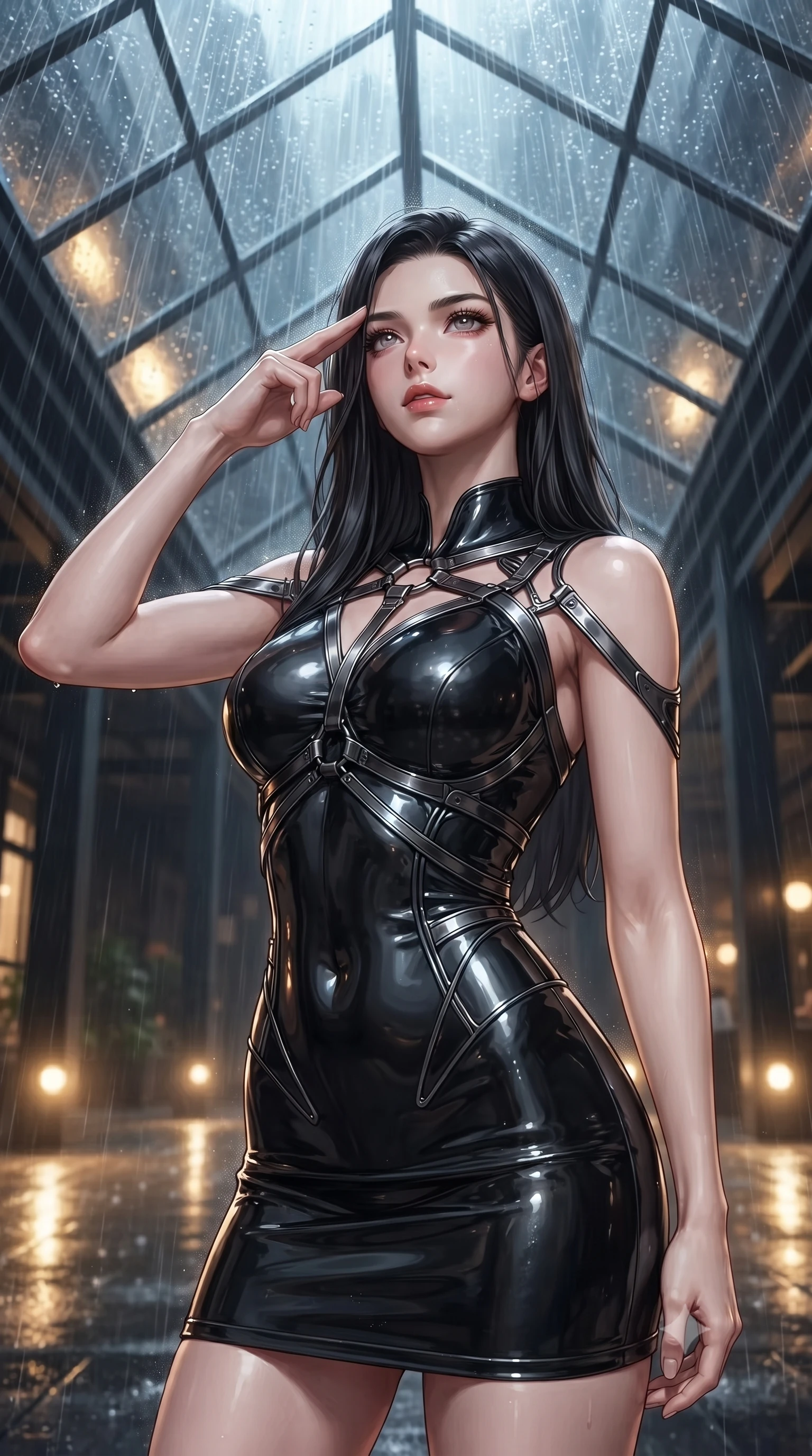 score_9, masterpiece, best quality, ultra-detailed, high-budget anime keyframe, editorial fashion photography, tasteful artistic composition, Korean woman. close-up cowboy shot from the waist and thighs up, the character dominates the composition, filling the frame with her large presence, background elements kept in soft focus. Pressing two fingers to her temple in a composed, sharp thoughtful gesture, looking up at the rain-streaked glass ceiling with a calm, composed expression, torrential rain streaming down glass roof glinting under warm floor spotlights. She has an exceptionally elegant, slender, and willowy female figure with an ultra-slim waist, a gracefully sculpted slender torso, and a refined silhouette. sharp v-shaped jawline, high-bridge nose, intricate jewel-like eyes with depth, thick eyelashes, glossy lips with a natural sheen. wearing aerodynamic second-skin dark silver metallic bodycon dress in pitch-black onyx, made of high-gloss liquid vinyl, highlighted by a gunmetal metallic harness structure, sculpting her athletic slender build with refined precision. lit by low-key golden rays piercing through rain-streaked glass. ultra-reflective glossy finish, specular highlights, metallic sheen, high-contrast stereoscopic depth, volumetric dynamic lighting, 2k, ultra detail, master piece, 9:16 ratio
