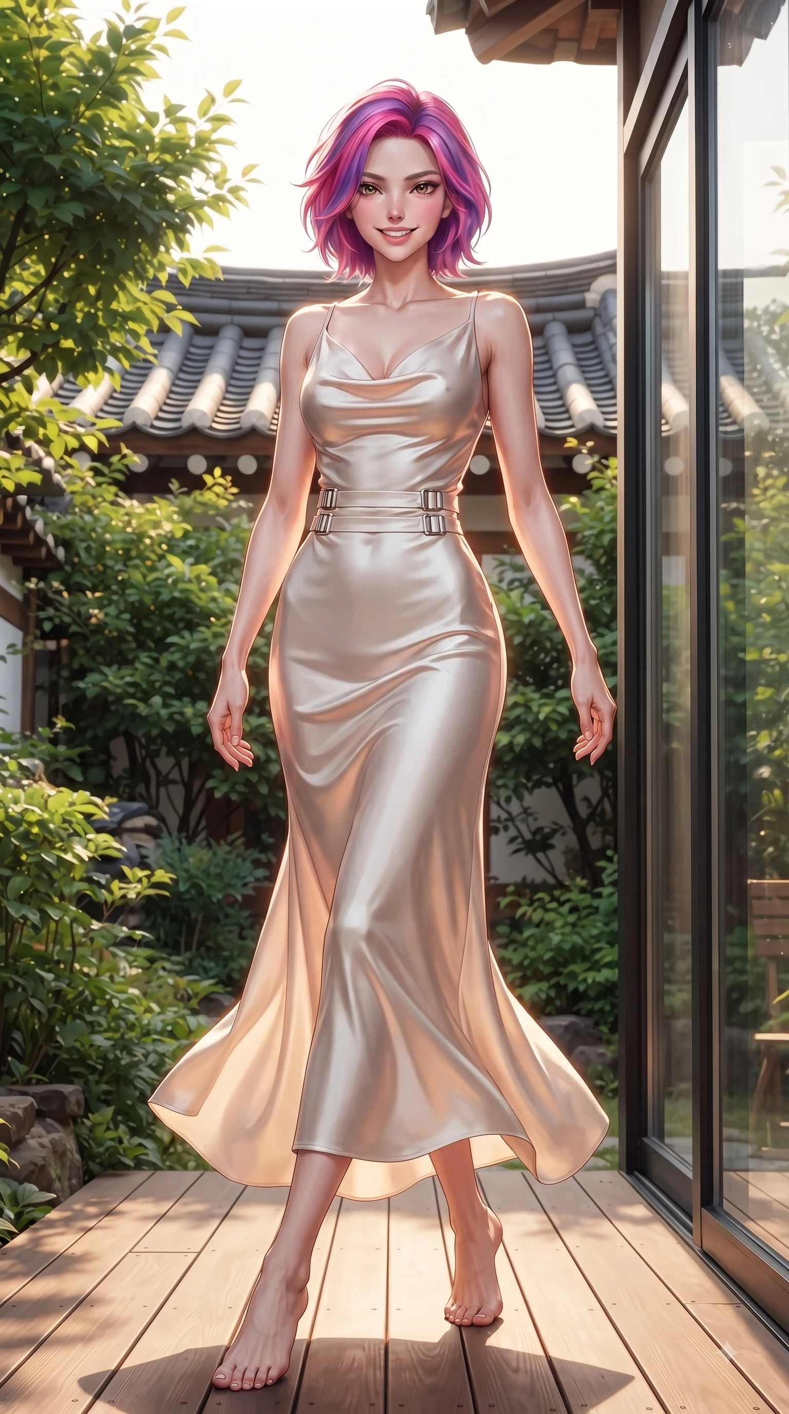 score_9, masterpiece, best quality, ultra-detailed, high-budget anime keyframe, editorial fashion photography, tasteful artistic composition, Caucasian woman. low angle full-body shot from head to toe showing her feet, filling the entire 9:16 vertical frame with her statuesque presence, stretching her vertical silhouette. forging dynamically through the scene with a fresh infectious smile, her ultra-slim waist creating a sweeping curve while pivoting gracefully on a secluded wooden cafe terrace enveloped by lush green garden foliage, traditional Hanok clay roof tiles and modern glass windows framing the background. She has an absolutely perfect, statuesque 8.5-heads proportion, an exceptionally tall and slender model-like female figure with impossibly long slender legs and an ultra-slim waist. sharp v-shaped jawline, high-bridge nose, intricate jewel-like eyes with depth, thick eyelashes, glossy lips with a natural sheen, flawlessly proportioned anatomical accuracy, natural body alignment, perfectly sculpted elegant limbs, clean dynamic posture without body distortion. wearing an elegant cowl-neck satin midi dress with a graceful draped neckline in pearl white and rose gold, formed from sleek second-skin neoprene, detailed with polished silver buckles along the waistline, the sleek second-skin texture accentuating her magnetic presence. bathed in warm golden sunlight streaming through clean glass cafe windows. ultra-reflective glossy finish, specular highlights, metallic sheen, high-contrast stereoscopic depth, volumetric dynamic lighting, 2k, ultra detail, master piece, 9:16 ratio