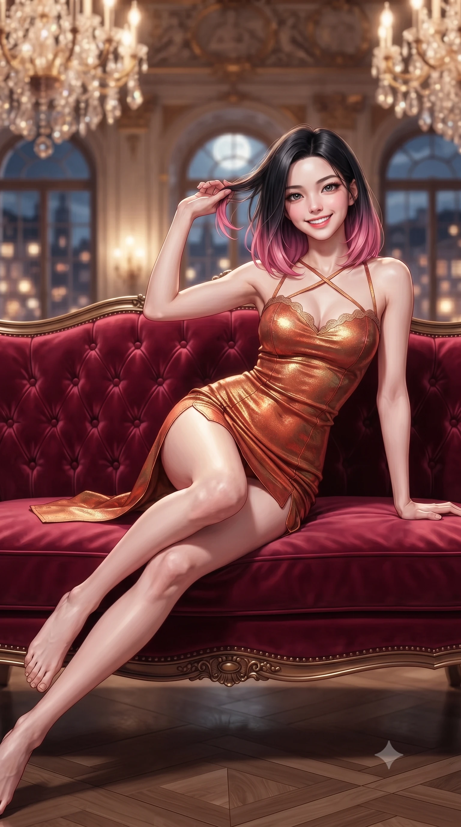 score_9, masterpiece, best quality, ultra-detailed, high-budget anime keyframe, editorial fashion photography, tasteful artistic composition, Korean woman. close-up cowboy shot from the waist and thighs up, the character dominates the composition, filling the frame with her large presence. twisting her slender torso in an alluring contrapposto stance, one hand resting on her sculpted hip while her fingers toy with her hair with effortless poise while lounging gracefully across the crimson velvet French settee propped on one elbow with legs extended, displaying her long slender limbs and statuesque hourglass silhouette with imperial poise. The background shows a soft-focus hundreds of sparkling Bohemian crystal chandelier prisms, gilded Habsburg allegorical ceiling reliefs, and moonlit Prague rooftops through tall arched windows blurred into champagne, ruby, and gold bokeh. She has an exceptionally elegant, slender, and willowy female figure with an ultra-slim waist, flat toned midriff, narrow ribcage, and sculpted feminine hips creating an alluring, slim hourglass silhouette without bulk. sharp v-shaped jawline, high-bridge nose, intricate jewel-like sparkling eyes with depth, thick eyelashes, glossy parted lips with a natural peach sheen, bright cheerful beaming smile with an enchanting and coquettish sensual glint, exuding both youthful cute charm and seductive allure, flawlessly proportioned anatomical accuracy, strict slender model proportions, natural body alignment, perfectly sculpted long slender limbs, ultra-slim waistline, clean dynamic posture without body distortion. wearing a backless liquid lamé mini dress with criss-cross spinal straps and daring side slit in Florentine Renaissance Medici terracotta and warm gilded ochre, woven from stretch metallic lurex jersey casting radiant starlight glints across her curves, finished with scalloped eyelash lace trim framing her sweetheart neckline with intimate elegance, the second-skin tailored fabric adhering flawlessly to her sculpted flat midriff and slender torso, emphasizing her long leg lines and perfectly proportioned willowy build. illuminated by polished parquet reflection bounce and sharp champagne-gold rim lights sculpting her razor-sharp jawline, narrow waist, and curvy hips. ultra-reflective glossy finish, specular highlights, rich textural contrasts, high-contrast stereoscopic depth, volumetric dynamic lighting, 2k, ultra detail, master piece, 9:16 ratio