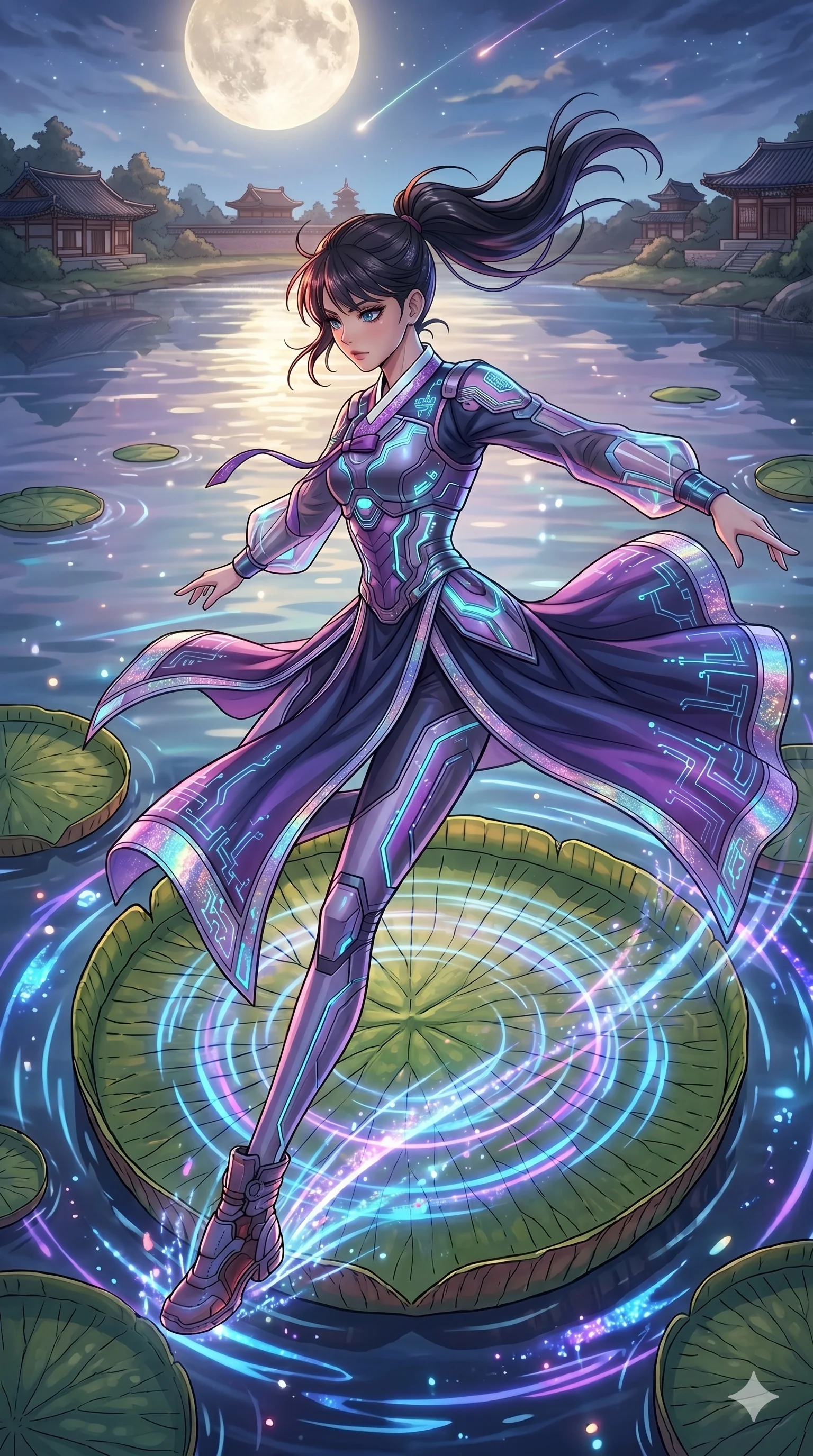 score_9, masterpiece, best quality, ultra-detailed, high-budget anime movie keyframe, cinematic anime lighting, intricate line art, Caucasian (strictly human ears) woman. Extreme high angle shot as she leaps towards the camera, filling the frame. dancing on a giant lily pad as ripples of light spread across the lake. She has an graceful and slender female figure with elegant proportions. strictly human anatomy, two legs only, no extra limbs, clearly defined legs and arms, well-defined anatomy, perfect hands and fingers. sharp v-shaped jawline, high-bridge nose, intricate jewel-like eyes, thick eyelashes, glossy lips. Wearing Modern Traditional: Modernized cyber-hanbok with elegant silk robes and holographic accents. The scene is illuminated by dramatic atmospheric lighting and vibrant color palettes. , 2k, ultra detail, master piece, 9:16 ratio