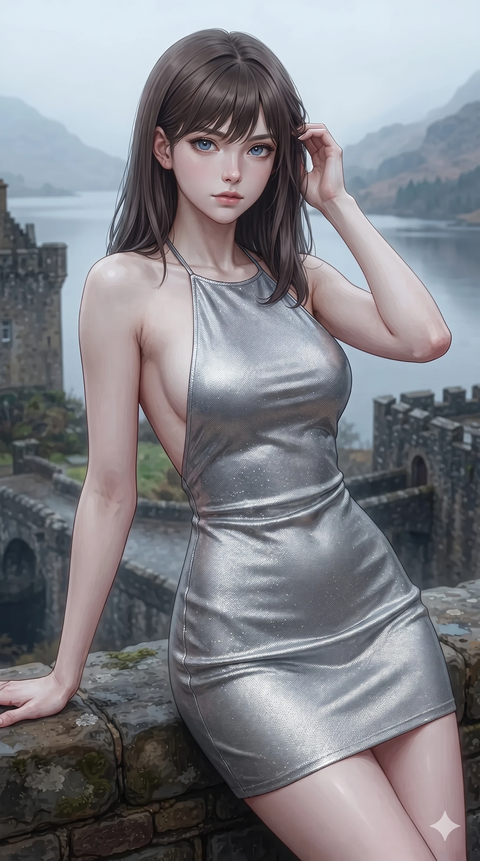 score_9, masterpiece, best quality, ultra-detailed, high-budget anime keyframe, editorial fashion photography, tasteful artistic composition, Korean woman. close-up cowboy shot from the waist and thighs up, the character dominates the composition, filling the frame with her large presence. leaning back with relaxed seductive grace, her sculpted collarbones and narrow waist highlighted as she casts smoldering bedroom-eyes directly into the camera while turning in an alluring contrapposto stance as her sweeping heavy fabric catches the highland breeze, gazing out over the vast loch with sovereign allure. The composition keeps background elements in soft focus with creamy bokeh: bracing mountain loch mist softened in Scottish Highland castle rampart shallow focus. She has an exceptionally elegant, slender, and willowy female figure with an ultra-slim waist, flat toned midriff, narrow ribcage, and sculpted feminine hips creating an alluring, slim hourglass silhouette without bulk. sharp v-shaped jawline, high-bridge nose, intricate jewel-like eyes with depth, thick eyelashes, glossy parted lips with a natural sheen, intensely captivating and seductive bedroom-eyes expression, flawlessly proportioned anatomical accuracy, strict slender model proportions, natural body alignment, perfectly sculpted long slender limbs, ultra-slim waistline, clean dynamic posture without body distortion. wearing a backless metallic lamé halterneck mini dress with deep scoop back down to her lower spine and thigh-high slit in liquid mercury silver and pearl shimmer, featuring strategic sheer-illusion tulle side panels framing her ribcage and hips, finished with sleek magnetic buckle closures fluttering in the breeze, the dramatically scooped open back descending to the base of her spine, accentuating her razor-sharp statuesque lines and slim hourglass silhouette. illuminated by cool misty ambient loch light softly contouring her razor-sharp jawline, narrow waist, and curvy hips. ultra-reflective glossy finish, specular highlights, rich textural contrasts, high-contrast stereoscopic depth, volumetric dynamic lighting, 2k, ultra detail, master piece, 9:16 ratio