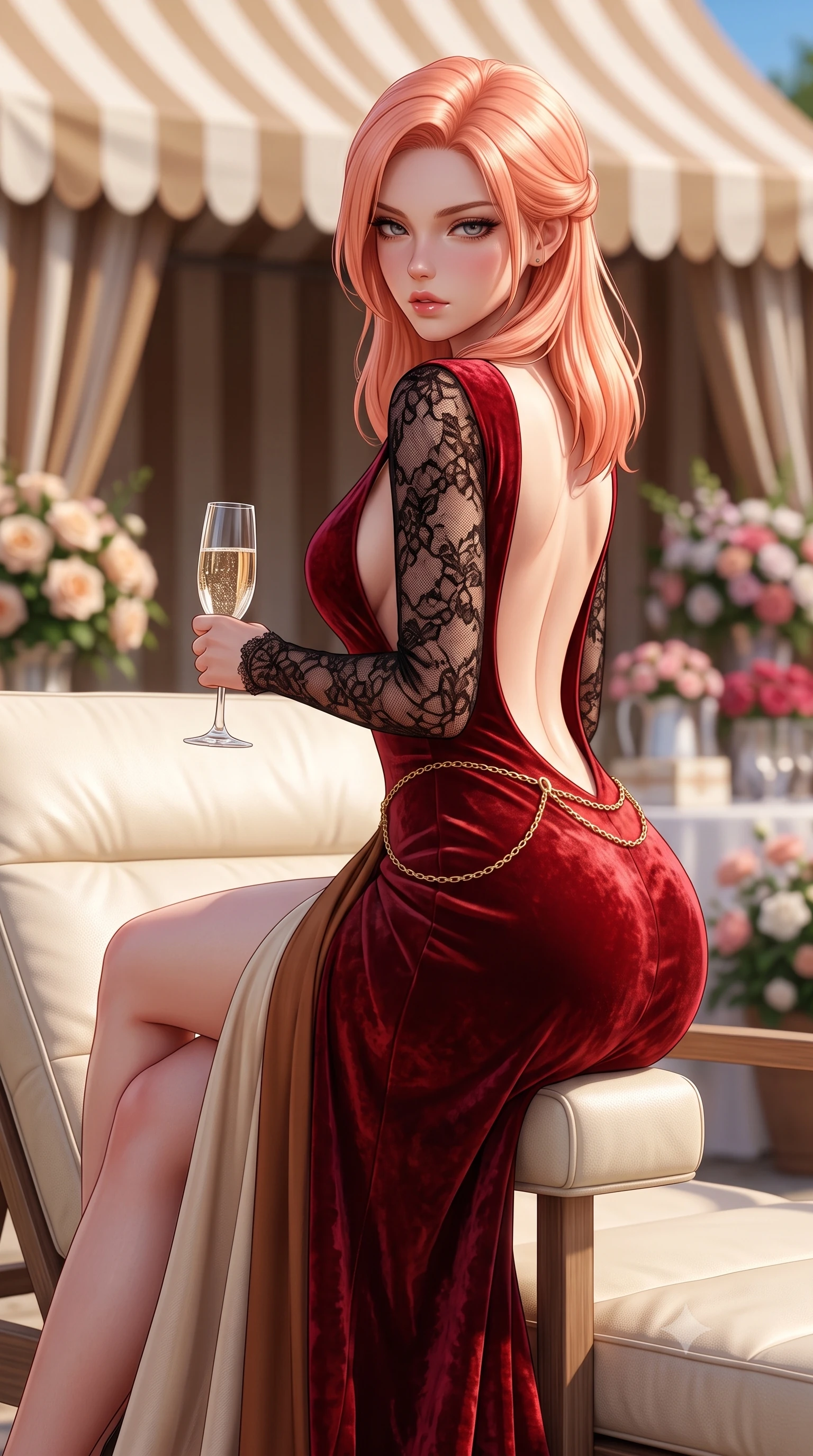 score_9, masterpiece, best quality, ultra-detailed, high-budget anime keyframe, semi-realistic 3D game render, editorial fashion photography, tasteful artistic composition, Japanese woman. close-up cowboy shot from the waist and thighs up, the character dominates the composition, filling the frame with her large presence. leaning back with relaxed seductive grace, her sculpted collarbones and narrow waist highlighted as she casts smoldering bedroom-eyes directly into the camera while perching on the armrest of a plush cream leather lawn lounger with legs crossed, arching her lower back while holding a crystal champagne flute. The composition keeps background elements in soft focus with creamy bokeh. striped marquee canvas awnings and floral pavilion displays softened in bright glamorous shallow focus. She has an exceptionally elegant, slender, and willowy female figure with an ultra-slim waist, flat toned midriff, narrow ribcage, and sculpted feminine hips creating an alluring, slim hourglass silhouette without bulk. sharp v-shaped jawline, high-bridge nose, intricate jewel-like eyes with depth, thick eyelashes, glossy parted lips with a natural sheen, intensely captivating and seductive bedroom-eyes expression, flawlessly proportioned anatomical accuracy, strict slender model proportions, natural body alignment, perfectly sculpted long slender limbs, ultra-slim waistline, clean dynamic posture without body distortion. wearing a plunging-V neckline crushed crimson velvet opera gown with delicate black lace sleeves and bare back in rich equestrian cognac brown and crisp champagne cream, tailored from water-resistant treated wool gabardine and flexible stretch silk, accented with a delicate gold chain belt resting loosely on her curvy hips, the dramatically scooped open back descending to the base of her spine, accentuating her razor-sharp statuesque lines and slim hourglass silhouette. surrounded by an untouchable, elite, and irresistibly prestigious equestrian heiress aura. highly saturated vibrant anime colors, detailed shading with soft gradients, rich glossy textures, high-contrast stereoscopic depth, volumetric dynamic lighting, master piece, 9:16 ratio