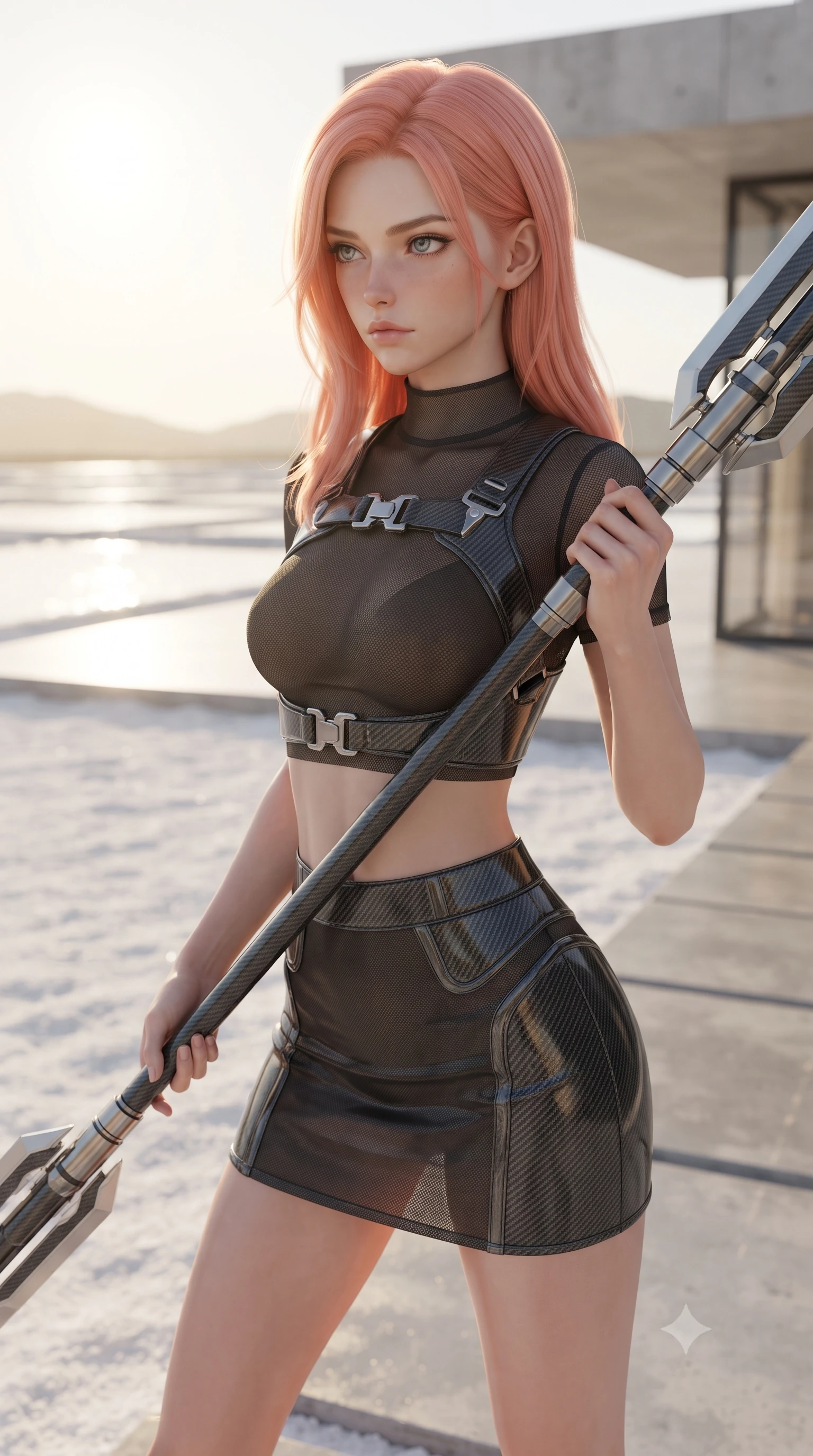 score_9, masterpiece, best quality, ultra-detailed, high-budget anime keyframe, editorial fashion photography, tasteful artistic composition, Japanese woman. close-up cowboy shot from the waist and thighs up, the character dominates the composition, filling the frame with her large presence, background elements kept in soft focus. holding a deactivated nanotech glaive, looking past the camera with quiet, sharp focus and a composed expression, the background shows a soft-focus a white salt flat patio of a modern concrete villa under a binary sun. She has an exceptionally elegant, slender, and willowy female figure with an ultra-slim waist, a gracefully sculpted slender torso, and a refined silhouette. sharp v-shaped jawline, high-bridge nose, intricate jewel-like eyes with depth, thick eyelashes, glossy lips with a natural sheen. wearing a tailored semi-opaque dark mesh crop top paired with a micro skirt, layered with a carbon-fiber harness. shimmering white salt flats reflecting distant binary suns, casting gold light. ultra-reflective glossy finish, specular highlights, metallic sheen, high-contrast stereoscopic depth, volumetric dynamic lighting, 2k, ultra detail, master piece, 9:16 ratio