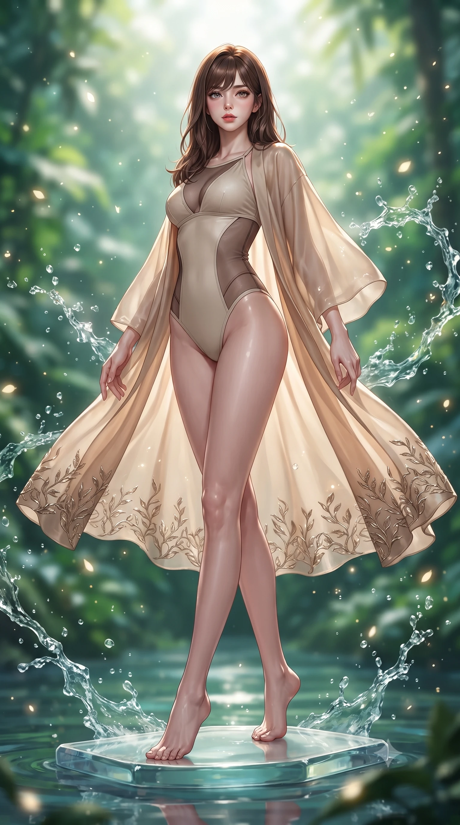 score_9, masterpiece, best quality, ultra-detailed, high-budget anime keyframe, editorial fashion photography, tasteful artistic composition, Korean woman. low angle full-body shot from head to toe showing her feet, filling the entire 9:16 vertical frame with her statuesque presence, stretching her vertical silhouette. pivoting dynamically with supreme athletic balance, her impossibly long slender legs and ultra-slim waist creating a mesmerizing vertical line while standing poised on a floating glass stepping stone above the emerald biosphere, displaying her flawless slender proportions. The composition keeps background elements in soft focus with creamy bokeh. sparkling water splash caustics and floating pollen scattering luminous glowing light motes. She has an absolutely perfect, statuesque 8.5-heads proportion, an exceptionally tall and slender model-like female figure with impossibly long slender legs, a toned flat midriff, and an ultra-slim waist. sharp v-shaped jawline, high-bridge nose, intricate jewel-like eyes with depth, thick eyelashes, glossy parted lips with a natural sheen, intensely captivating and seductive expression, flawlessly proportioned anatomical accuracy, strict slender model proportions, natural body alignment, perfectly sculpted long slender limbs, ultra-slim waistline, clean dynamic posture without body distortion. wearing a modern bio-tech swimwear monokini with sheer mesh side contours and an airy chiffon resort robe in desert sand beige and pearlescent bronze, crafted from weightless prism organza that refracts light with every motion, finished with organic vine-inspired metallic embroidery along the hem, the relaxed yet flattering fit accentuating her naturally graceful and slender figure, highlighting her tall statuesque proportions. surrounded by a fresh, captivating, and delightfully invigorating summer muse aura. ultra-reflective glossy finish, specular highlights, rich textural contrasts, high-contrast stereoscopic depth, volumetric dynamic lighting, 2k, ultra detail, master piece, 9:16 ratio