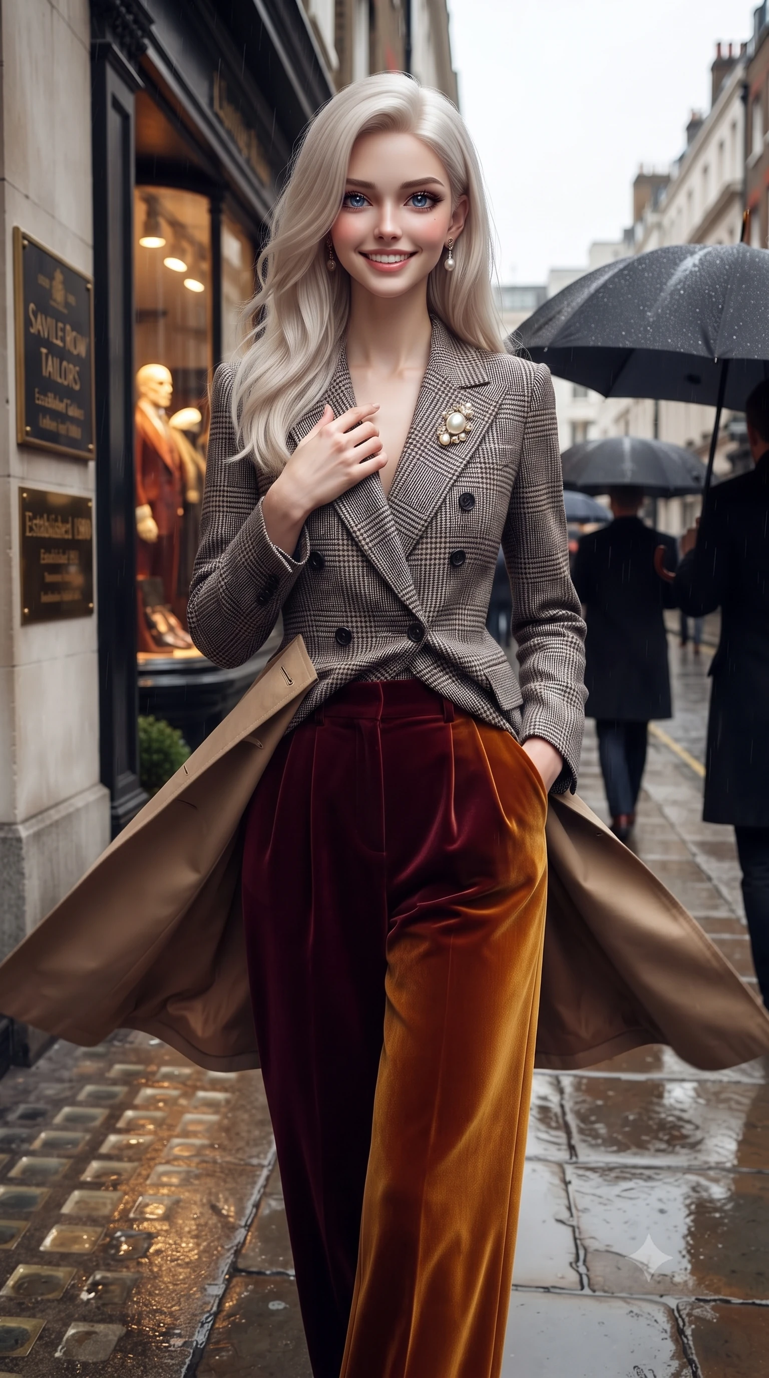 score_9, masterpiece, best quality, ultra-detailed, high-budget anime keyframe, editorial fashion photography, tasteful artistic composition, Caucasian woman. close-up cowboy shot from the waist and thighs up, the character dominates the composition, filling the frame with her large presence. resting one hand gracefully on her tailored blazer lapel while looking into the camera with bright, sparkling eyes while walking down the rain-slicked London street with confident model strides, her trench coat fluttering with dynamic rhythm. The surrounding environment is rendered in vivid detail and crisp panoramic clarity: sharp cobblestone pavement textures, fine water droplets beading on umbrella fabric, and brass shopfront plaques in deep focus. She has an exceptionally elegant, slender, and willowy female figure with an ultra-slim waist, flat toned midriff, narrow ribcage, and sculpted feminine hips creating an alluring, slim hourglass silhouette without bulk. sharp v-shaped jawline, high-bridge nose, intricate jewel-like sparkling eyes with depth, thick eyelashes, glossy parted lips with a natural peach sheen, bright cheerful beaming smile with an enchanting and coquettish sensual glint, exuding both youthful cute charm and seductive allure, flawlessly proportioned anatomical accuracy, strict slender model proportions, natural body alignment, perfectly sculpted long slender limbs, ultra-slim waistline, clean dynamic posture without body distortion. wearing a double-breasted Prince of Wales check tailored wool blazer paired with high-waisted pleated wide-leg trousers in rich Oxford burgundy and golden amber, crafted from rich cotton velvet with deep light-absorbing pile and soft gradients, complemented by an antique baroque pearl brooch pinned tastefully on the lapel, the sharp shoulder tailoring and gently nipped waist framing her slender torso with pristine sartorial perfection. bathed in diffused London overcast sky light contrasted with warm incandescent shopfront display illumination. ultra-reflective glossy finish, specular highlights, rich textural contrasts, high-contrast stereoscopic depth, volumetric dynamic lighting, 2k, ultra detail, master piece, 9:16 ratio