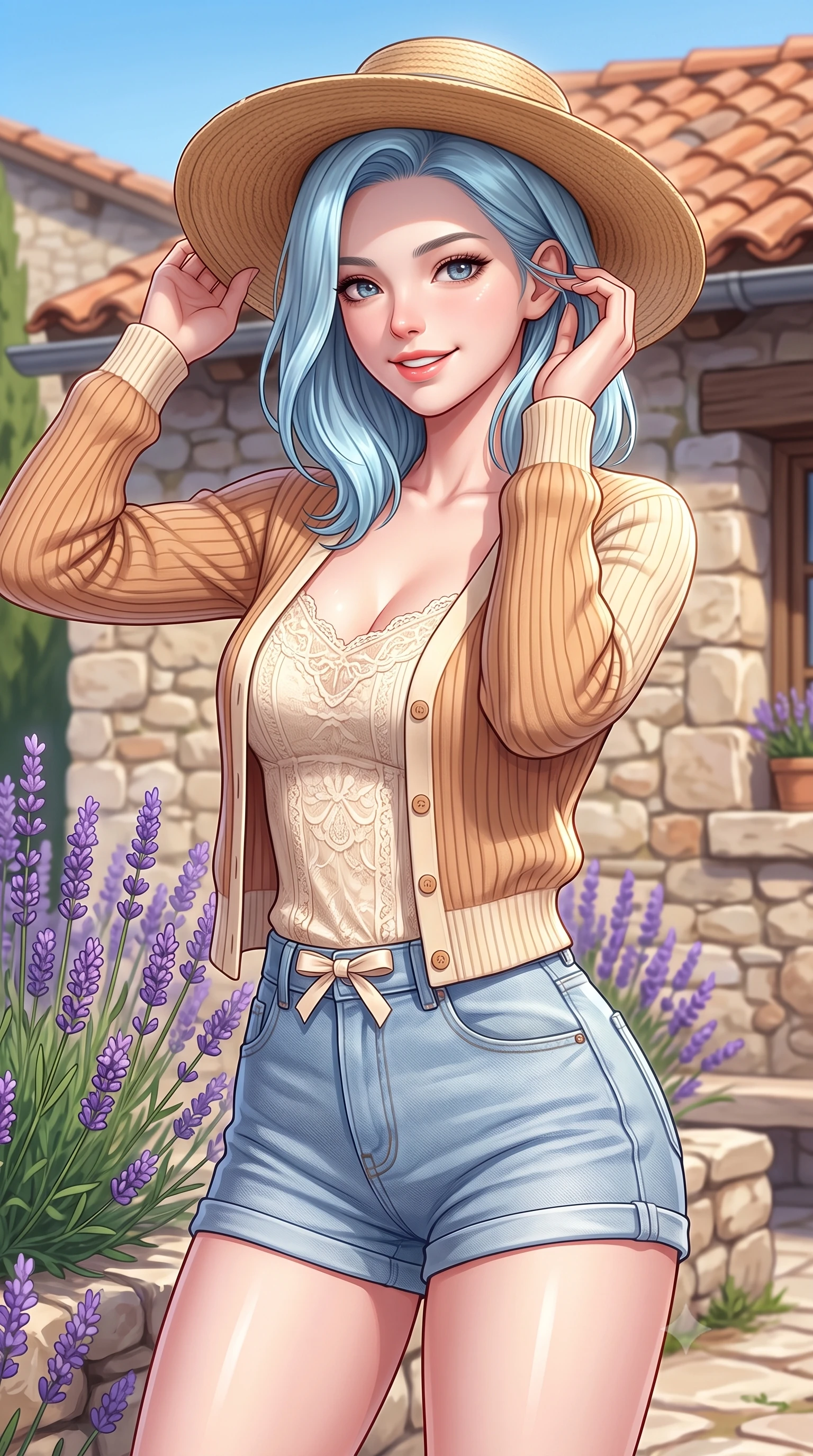 score_9, masterpiece, best quality, ultra-detailed, high-budget anime keyframe, semi-realistic 3D game render, editorial fashion photography, tasteful artistic composition, Korean woman. close-up cowboy shot from the waist and thighs up, the character dominates the composition, filling the frame with her large presence. tilting her head with a cute, youthful grin while brushing a stray strand of hair behind her ear with slender fingers while adjusting her wide-brimmed straw hat against the gentle summer breeze with a cute, youthful grin. The surrounding environment is rendered in vivid detail and crisp panoramic clarity. intricate purple lavender blossom stems, rustic stone cottage masonry, and terracotta roof tiles in deep focus. She has an exceptionally elegant, slender, and willowy female figure with an ultra-slim waist, a gracefully sculpted slender torso, toned flat midriff, and a refined slim silhouette. sharp v-shaped jawline, high-bridge nose, intricate jewel-like eyes with depth, thick eyelashes, glossy lips with a natural sheen, pure and lovely fresh girlhood expression, flawlessly proportioned anatomical accuracy, strict slender model proportions, natural body alignment, perfectly sculpted long slender limbs, ultra-slim waistline, clean dynamic posture without body distortion. wearing a soft pastel ribbed knit cardigan worn over a delicate cream lace camisole and light-wash denim shorts in warm caramel and cream vanilla, knitted from ultra-soft cozy baby-cashmere yarn, accented with a dainty ribbon bow at the waistline, the relaxed yet flattering fit accentuating her naturally graceful and slender figure, highlighting her youthful charm and lovely silhouette. illuminated by bright sunny Mediterranean light with soft specular highlights tracing her slender curves. highly saturated vibrant anime colors, detailed shading with soft gradients, rich glossy textures, high-contrast stereoscopic depth, volumetric dynamic lighting, master piece, 9:16 ratio