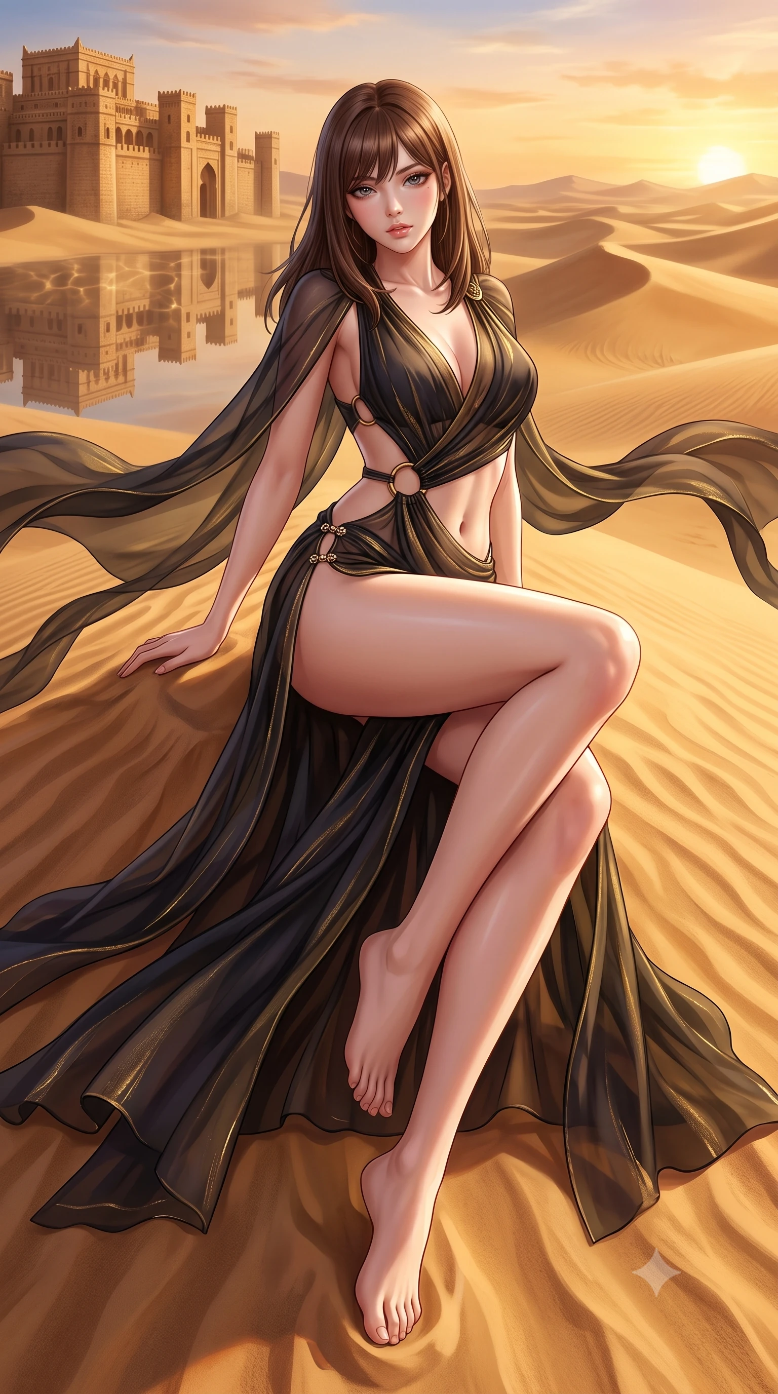 score_9, masterpiece, best quality, ultra-detailed, high-budget anime keyframe, semi-realistic 3D game render, editorial fashion photography, tasteful artistic composition, Korean woman. low angle full-body shot from head to toe showing her feet, filling the entire 9:16 vertical frame with her statuesque presence, stretching her vertical silhouette. sitting perched on the elevated ledge with hips angled toward the camera and legs crossed, displaying her toned midriff and flawlessly sculpted slender limbs while reclining on her side across the crest of a wind-sculpted golden sand dune, arching her lower back as desert sunset winds flutter her sheer silk cape. The surrounding environment is rendered in vivid detail and crisp panoramic clarity. sharp wind-carved sand ripples, mirrored palace reflection caustics, and sandstone masonry in deep focus. She has an absolutely perfect, statuesque 8.5-heads proportion, an exceptionally tall and slender model-like female figure with impossibly long slender legs, a toned flat midriff, an ultra-slim waist, and beautifully sculpted feminine hips. sharp v-shaped jawline, high-bridge nose, intricate jewel-like eyes with depth, thick eyelashes, glossy parted lips with a natural sheen, intensely captivating and seductive bedroom-eyes expression, flawlessly proportioned anatomical accuracy, strict slender model proportions, natural body alignment, perfectly sculpted long slender limbs, ultra-slim waistline, clean dynamic posture without body distortion. wearing a sheer silk chiffon desert wrap dress with dramatic side-torso cutouts framed by hammered brass rings in deep obsidian black and metallic gold accents, woven from gossamer silk organza with subtle metallic gold threads, finished with an ultra-high side slit secured by miniature jeweled clasps, the precision-cut side openings and low-back scoop framing her graceful spine and the sensual sweep of her hips. surrounded by an exotic, sovereign, and breathlessly captivating desert mirage queen aura. highly saturated vibrant anime colors, detailed shading with soft gradients, rich glossy textures, high-contrast stereoscopic depth, volumetric dynamic lighting, master piece, 9:16 ratio