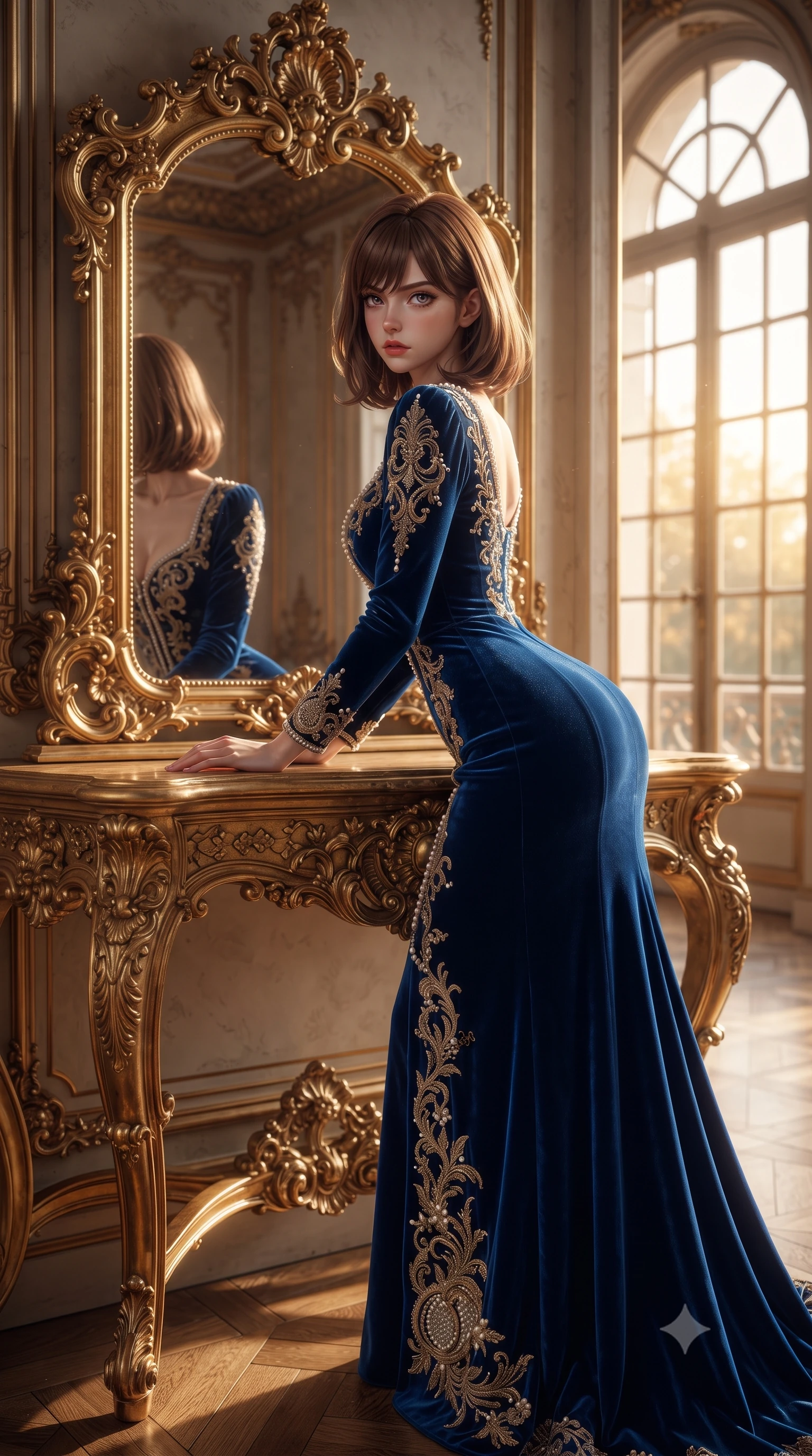 score_9, masterpiece, best quality, ultra-detailed, high-budget anime keyframe, editorial fashion photography, tasteful artistic composition, Caucasian woman. close-up cowboy shot from the waist and thighs up, the character dominates the composition, filling the frame with her large presence. leaning forward against the polished railing with her hips cocked back, creating an intoxicating curve from her narrow waist to sculpted hips as she gazes back into the lens while leaning back against a carved gilded console table with hips cocked, casting a haughty, aristocratic bedroom-gaze into the mirrored infinity. The surrounding environment is rendered in vivid detail and crisp panoramic clarity. detailed gown velvet texture, gilded mirror reflection clarity, and baroque architectural reliefs in high resolution. She has an exceptionally elegant, slender, and willowy female figure with an ultra-slim waist, flat toned midriff, narrow ribcage, and sculpted feminine hips creating an alluring, slim hourglass silhouette without bulk. sharp v-shaped jawline, high-bridge nose, intricate jewel-like eyes with depth, thick eyelashes, glossy parted lips with a natural sheen, intensely captivating and seductive bedroom-eyes expression, flawlessly proportioned anatomical accuracy, strict slender model proportions, natural body alignment, perfectly sculpted long slender limbs, ultra-slim waistline, clean dynamic posture without body distortion. wearing a backless cowl-neck satin slip dress featuring high-cut side hip slits and delicate criss-cross back straps in pitch-black velvet with diamond crystal trim, formed from supple second-skin lambskin leather with specular sheen, featuring an open-back criss-cross harness strap in dark leather, the second-skin form-contouring cut accentuating her sculpted flat midriff, narrow delicate ribcage, and gracefully curvy hips with supermodel precision. bathed in dramatic golden hour sunset backlighting through towering French arched windows. ultra-reflective glossy finish, specular highlights, rich textural contrasts, high-contrast stereoscopic depth, volumetric dynamic lighting, 2k, ultra detail, master piece, 9:16 ratio