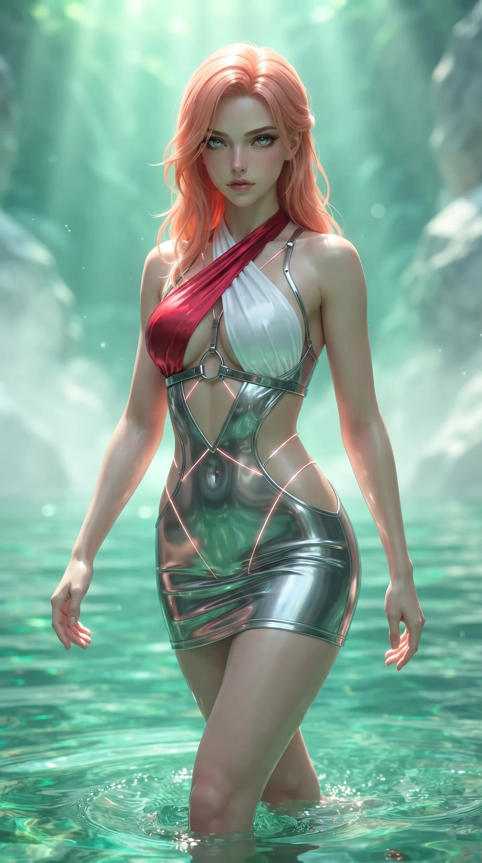 score_9, masterpiece, best quality, ultra-detailed, high-budget anime keyframe, editorial fashion photography, tasteful artistic composition, Japanese woman. close-up cowboy shot from the waist and thighs up, the character dominates the composition, filling the frame with her large presence. gazing directly into the lens with bedroom eyes and a breathtaking, dangerous allure that commands the entire composition while stepping gracefully through shallow emerald water with an alluring, confident backward glance. The composition keeps background elements in soft focus with creamy bokeh. rising water mist and marble rock formations softened by luminous shallow depth of field. She has an exceptionally elegant, slender, and willowy female figure with an ultra-slim waist, a gracefully sculpted slender torso, toned flat midriff, and a refined slim silhouette. sharp v-shaped jawline, high-bridge nose, intricate jewel-like eyes with depth, thick eyelashes, glossy lips with a natural sheen, flawlessly proportioned anatomical accuracy, strict slender model proportions, natural body alignment, perfectly sculpted long slender limbs, ultra-slim waistline, clean dynamic posture without body distortion. wearing a molten silver liquid-metal mini dress featuring deep side-waist cutouts and a daring crossover halter neckline in radiant crimson silk and crisp snow white, tailored from semi-translucent cybernetic vinyl with glowing micro-filaments, reinforced by a sleek metallic chrome harness and delicate glowing micro-straps, the form-contouring material adhering flawlessly to her sculpted flat midriff and slender torso, emphasizing her long leg lines and perfectly proportioned willowy build. bathed in bright morning sunbeams penetrating waterfall mist with radiant green and cyan ambient glow. ultra-reflective glossy finish, specular highlights, metallic sheen, high-contrast stereoscopic depth, volumetric dynamic lighting, 2k, ultra detail, master piece, 9:16 ratio