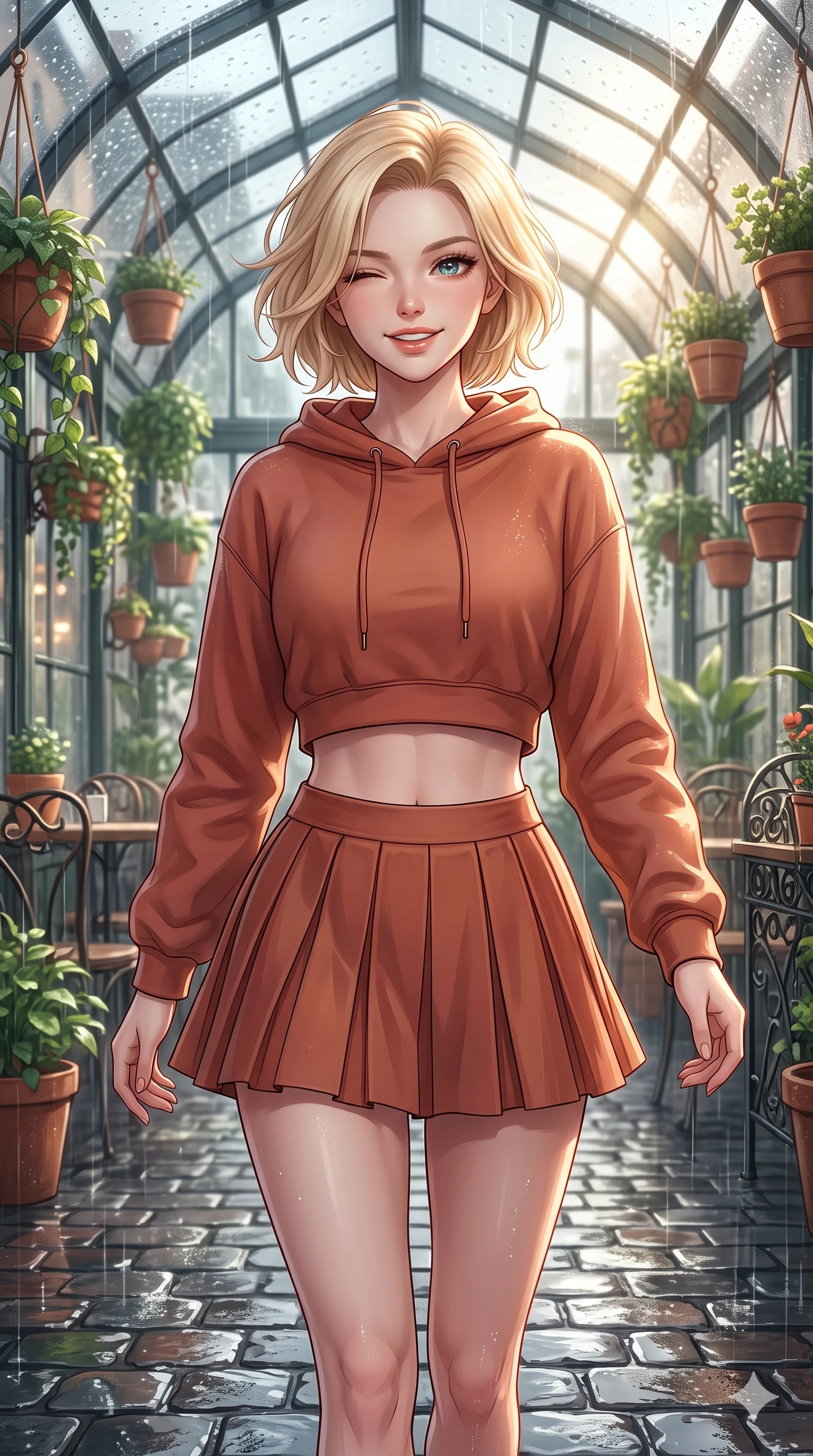 score_9, masterpiece, best quality, ultra-detailed, high-budget anime keyframe, vibrant anime aesthetic, Caucasian woman, strictly human ears. close-up cowboy shot from the waist and thighs up, the character dominates the composition, filling the frame with her large presence, background elements kept in soft focus. She is walking down a rain-slicked path, winking and smiling cheerfully, gazing at the camera with sparkling eyes with a soft breath of wind in her hair. inside a spacious greenhouse cafe filled with hanging plants, where rain drums softly on the glass roof panels (Code-P22-076). She has an absolutely perfect proportion, an exceptionally elegant and slender female figure with an ultra-slim waist. V-shaped jawline, high-bridge nose, intricate jewel-like eyes with depth, thick eyelashes, glossy lips with a natural sheen. wearing a cropped hoodie paired with a high-waisted pleated tennis skirt in warm terracotta. She is drenched in brilliant morning sunshine reflecting off wet glass domes, highlighting her winking face and glossy lips along the cobblestone alley. 2k, ultra detail, master piece, 9:16 ratio