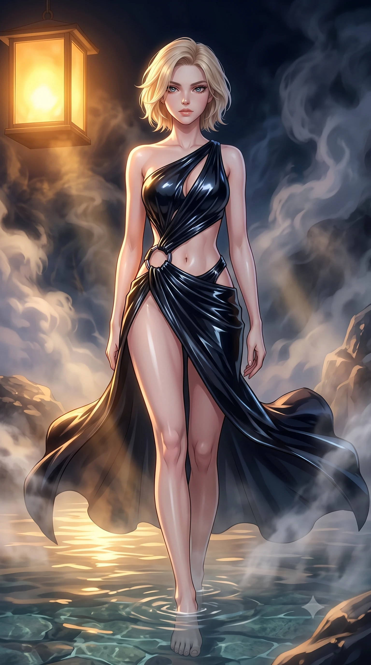 score_9, masterpiece, best quality, ultra-detailed, high-budget anime keyframe, editorial fashion photography, tasteful artistic composition, Caucasian woman. low angle full-body shot from head to toe showing her feet, filling the entire 9:16 vertical frame with her statuesque presence, stretching her vertical silhouette. forging confidently through the floating mist, holding a poised statuesque stance, immersed to the waist in steaming mineral waters as night mist swirls around, warm amber lantern light casting glowing gold highlights across the dark pool. She has an absolutely perfect, statuesque 8.5-heads proportion, an exceptionally tall and slender model-like female figure with impossibly long slender legs and an ultra-slim waist. sharp v-shaped jawline, high-bridge nose, intricate jewel-like eyes with depth, thick eyelashes, glossy lips with a natural sheen. wearing draped obsidian silk gown featuring tasteful waist slit cutouts in pitch-black onyx, made of high-gloss liquid vinyl, accented with sculpted obsidian chrome rings at the waist, highlighting her statuesque proportions and ultra-slim waistline. bathed in soft thermal steam rays creating ethereal gradient shading. highly saturated vibrant anime colors, detailed shading with soft gradients, rich glossy textures, high-contrast stereoscopic depth, volumetric dynamic lighting, master piece, 9:16 ratio