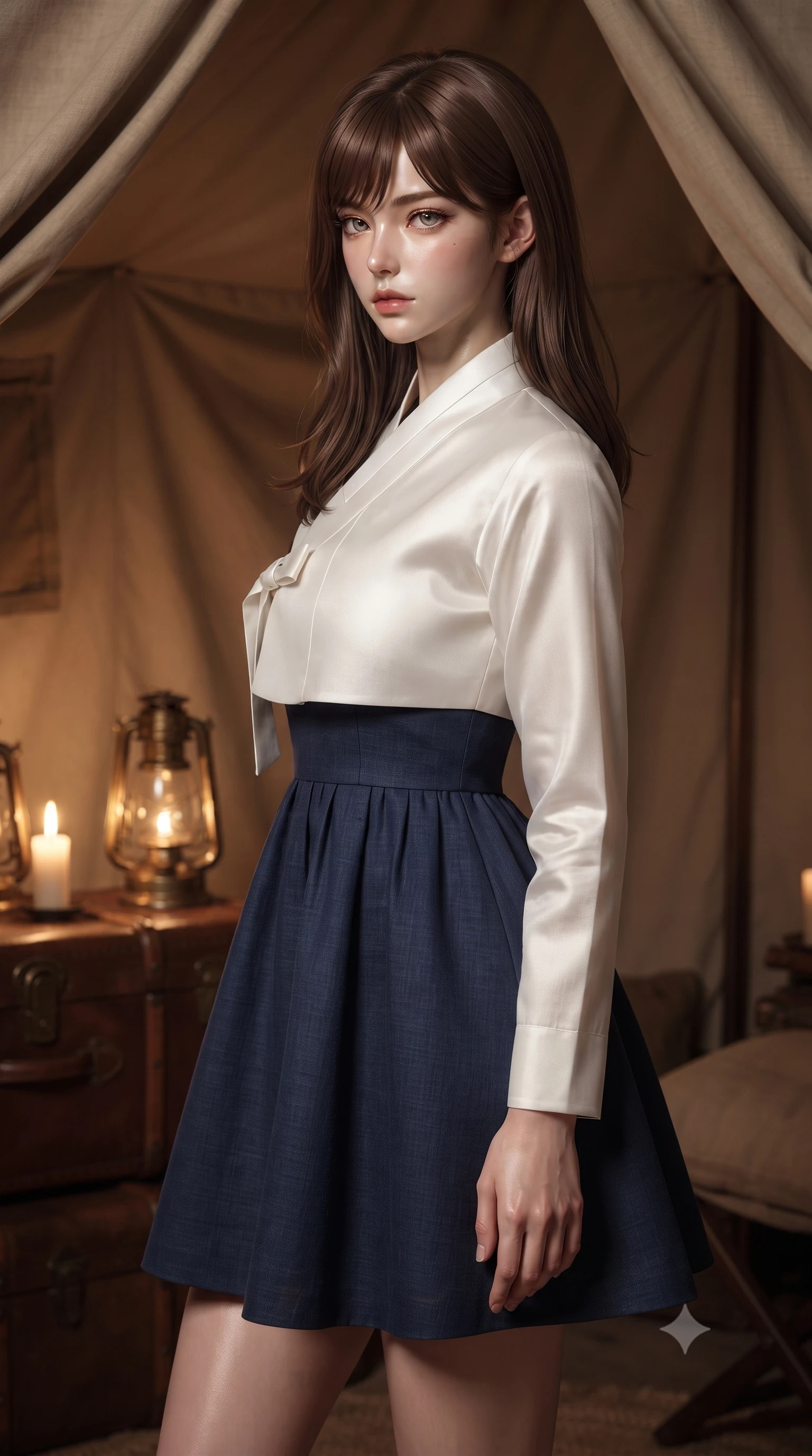 score_9, masterpiece, best quality, ultra-detailed, high-budget anime keyframe, editorial fashion photography, tasteful artistic composition, Korean woman. close-up cowboy shot from the waist and thighs up, the character dominates the composition, filling the frame with her large presence, background elements kept in soft focus. turning her face in sharp profile, casting a cold, mysterious, yet intensely alluring side gaze, the background shows a soft-focus a luxury safari-style tent with leather trunks and vintage brass lanterns. She has an exceptionally elegant, slender, and willowy female figure with an ultra-slim waist, a gracefully sculpted slender torso, and a refined silhouette. sharp v-shaped jawline, high-bridge nose, intricate jewel-like eyes with depth, thick eyelashes, glossy lips with a natural sheen. wearing a tailored modern fusion hanbok dress with a navy blue linen skirt and a high-neck white silk jeogori wrapper. warm candlelight casting dramatic shadows on the canvas walls. ultra-reflective glossy finish, specular highlights, metallic sheen, high-contrast stereoscopic depth, volumetric dynamic lighting, 2k, ultra detail, master piece, 9:16 ratio