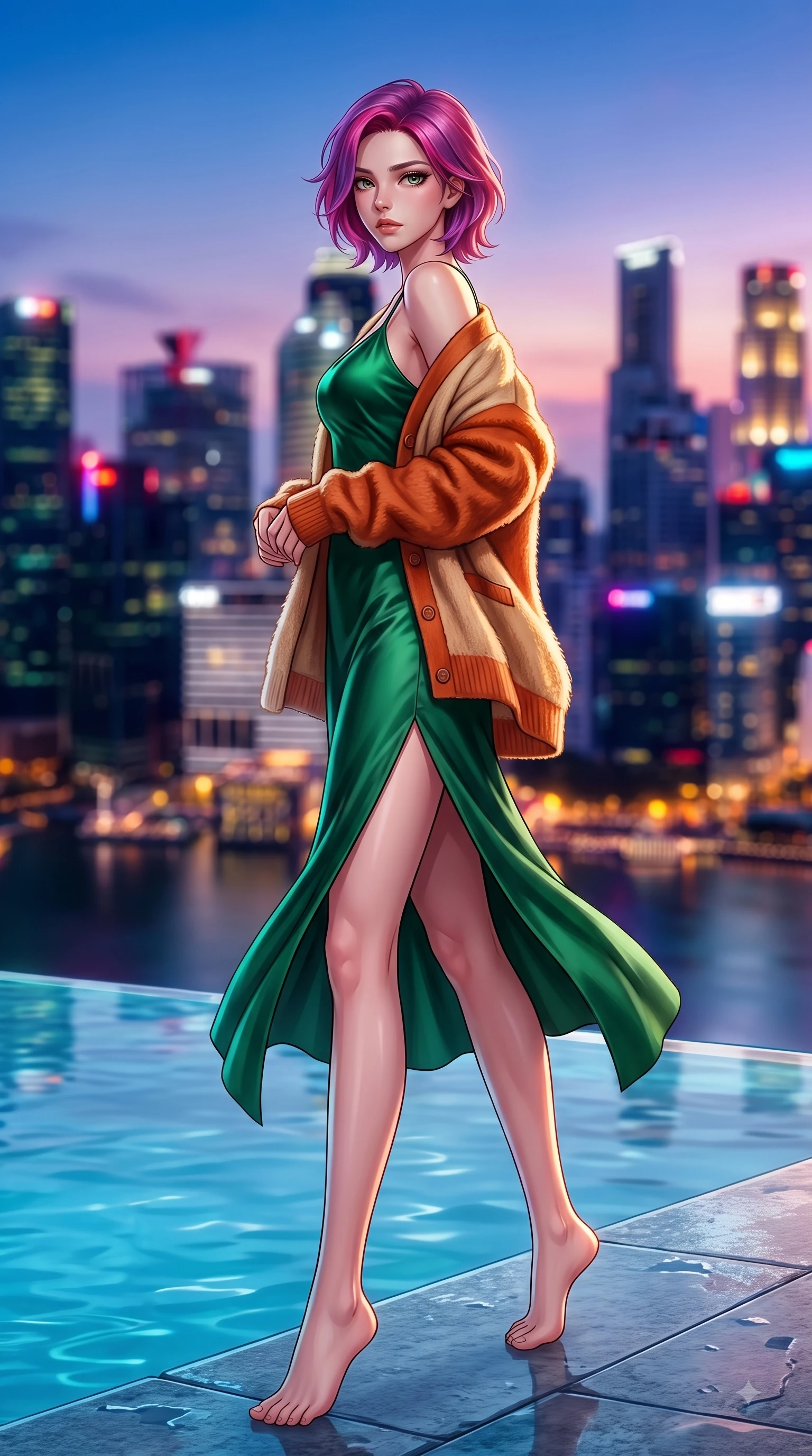 score_9, masterpiece, best quality, ultra-detailed, high-budget anime keyframe, editorial fashion photography, tasteful artistic composition, Caucasian woman. low angle full-body shot from head to toe showing her feet, filling the entire 9:16 vertical frame with her statuesque presence, stretching her vertical silhouette. Subtle lingering regret in her eyes, looking back over her shoulder with an emotional, reluctant glance while pivoting dynamically near a glass infinity pool edge with city skyscraper silhouettes behind. The composition keeps background elements in soft focus with dreamy bokeh. metropolitan skyline silhouettes blurred into a dramatic evening backdrop. She has an absolutely perfect, statuesque 8.5-heads proportion, an exceptionally tall and slender model-like female figure with impossibly long slender legs and an ultra-slim waist. sharp v-shaped jawline, high-bridge nose, intricate jewel-like eyes with depth, thick eyelashes, glossy lips with a natural sheen, flawlessly proportioned anatomical accuracy, natural body alignment, perfectly sculpted elegant limbs, clean dynamic posture without body distortion. wearing a rich emerald green satin slip dress layered under a plush cream cardigan in burnt orange and warm camel beige, crafted from soft breathable Italian linen, finished with a sleek side slit ascending to mid-thigh, the fluid drape swaying gracefully with her dynamic editorial movement. surrounded by an opulent, glamorous, and high-fashion nightlife editorial aura. highly saturated vibrant anime colors, detailed shading with soft gradients, rich glossy textures, high-contrast stereoscopic depth, volumetric dynamic lighting, master piece, 9:16 ratio